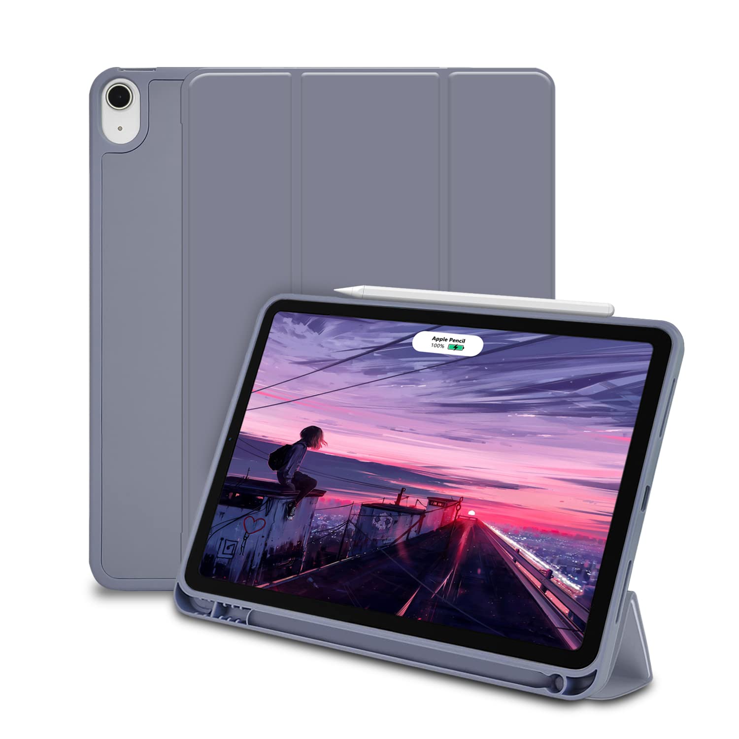 FS FANSONG iPad Air 5th/4th Generation Case (2022/2020 10.9 Inch) - Lightweight Smart Cover with Pencil Holder, Auto Sleep/Wake & Trifold Stand, Soft TPU Protective Case (Purple) - Perfect for Work, School & Travel