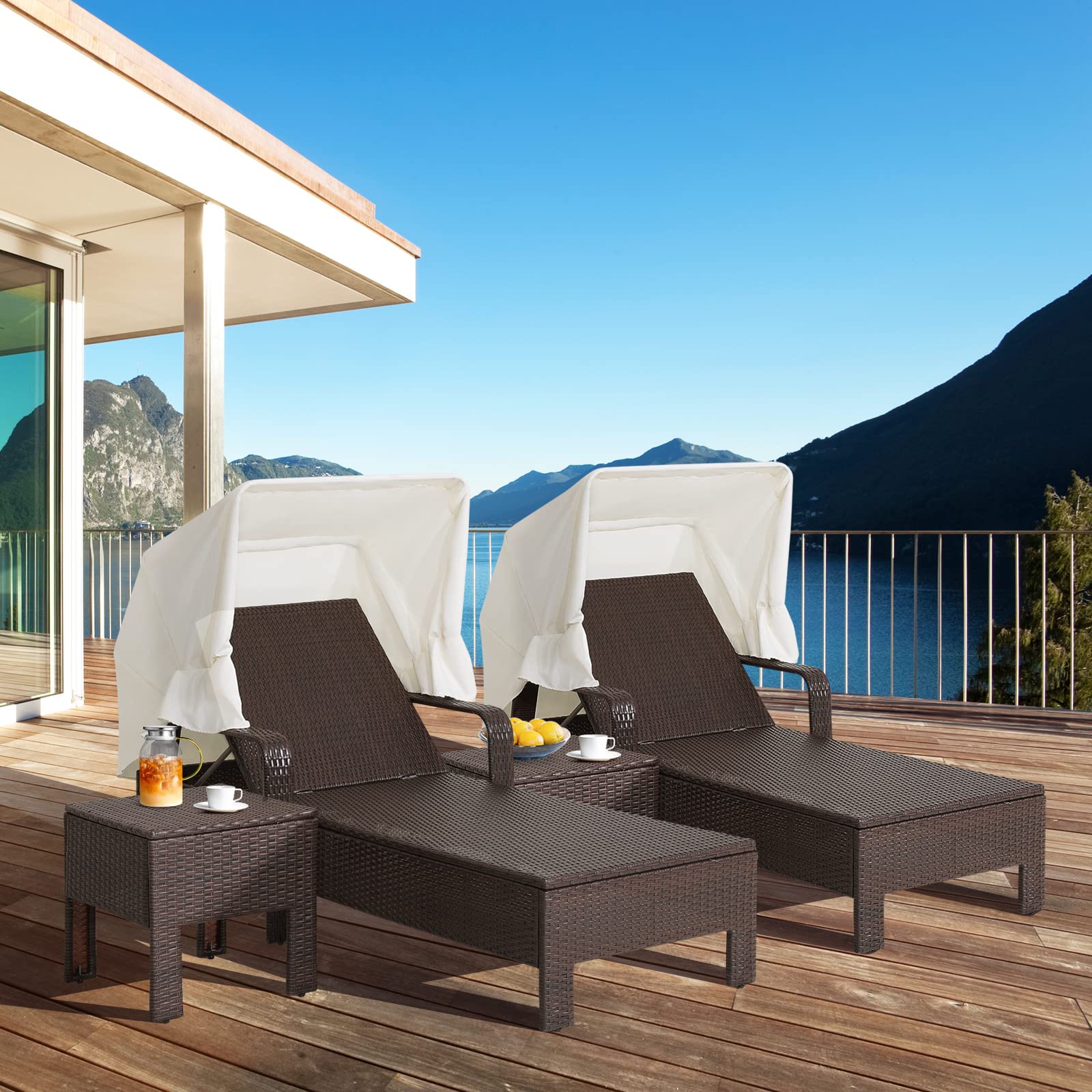 Tangkula Outdoor Chaise Lounge Chair Set with Folding Canopy & Adjustable Backrest - Patio Rattan Recliner with Cushion & Side Table - Perfect for Poolside Relaxation, Backyard Lounging & Beach Vacation