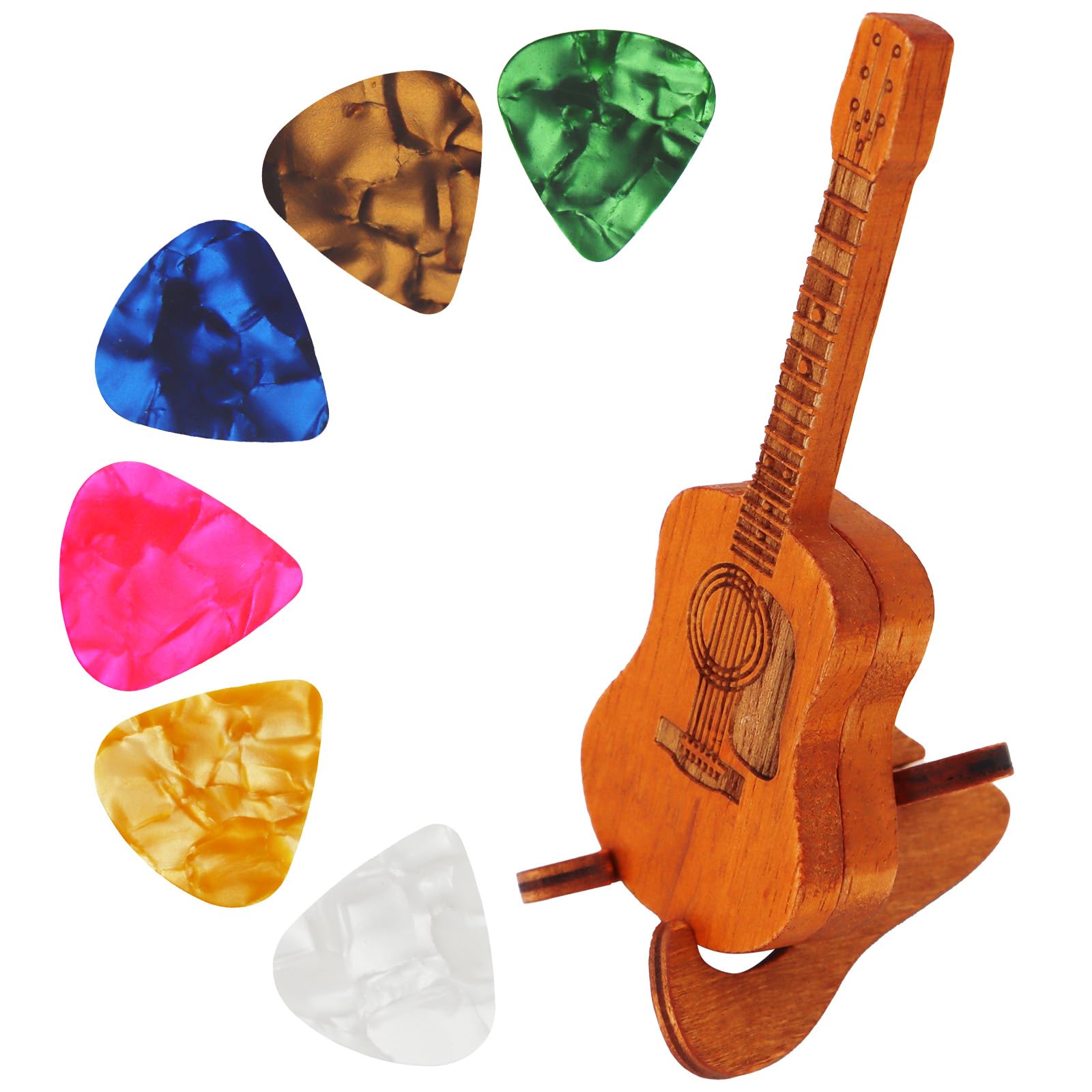 Premium Wooden Guitar Pick Holder Box with Stand - 6PCS Celluloid Guitar Picks Included - Engraved Plectrum Storage Case for Acoustic, Electric Bass & Ukulele Players - Perfect Gift for Musicians & Music Lovers - Ideal for Home, Studio & Travel Use