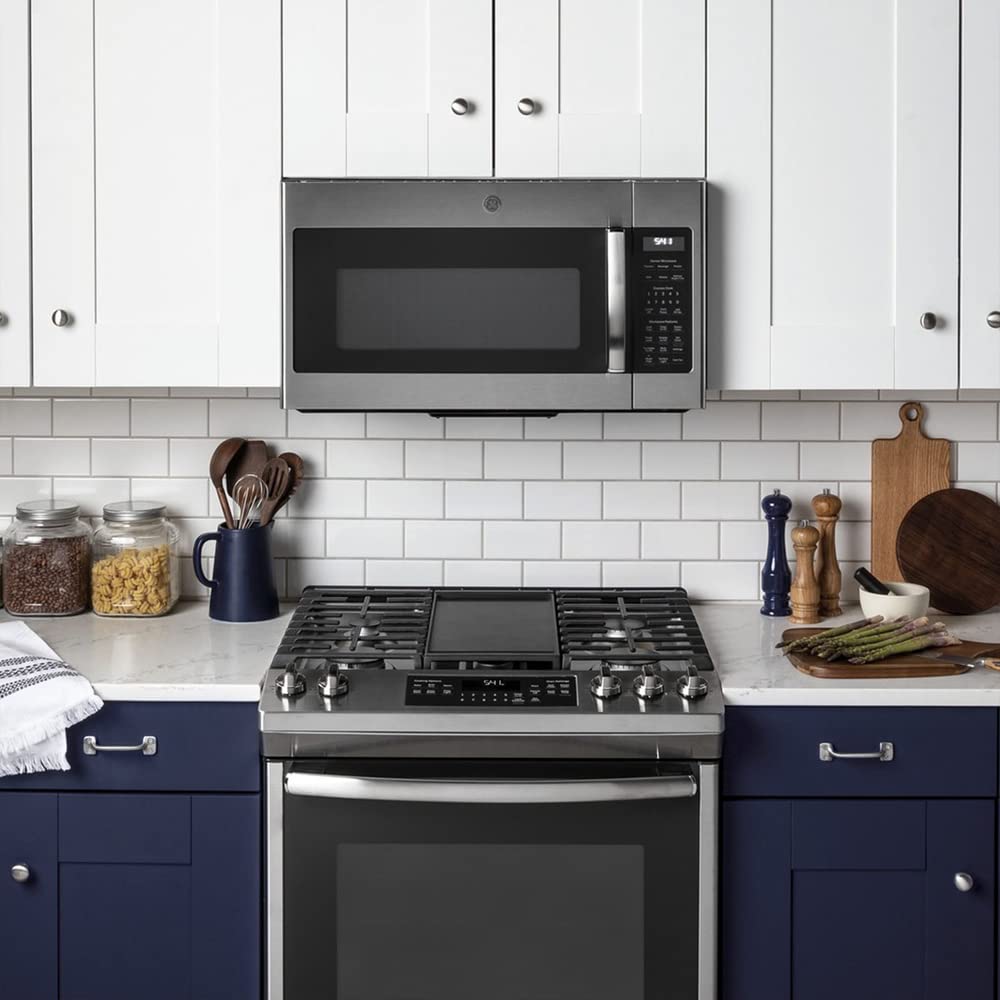 GE JVM7195SKSS 1.9 Cu. Ft. Over-the-Range Sensor Microwave Oven in Stainless Steel with 2-Year CPS Protection Plan - Perfect for Modern Kitchens & Small Spaces