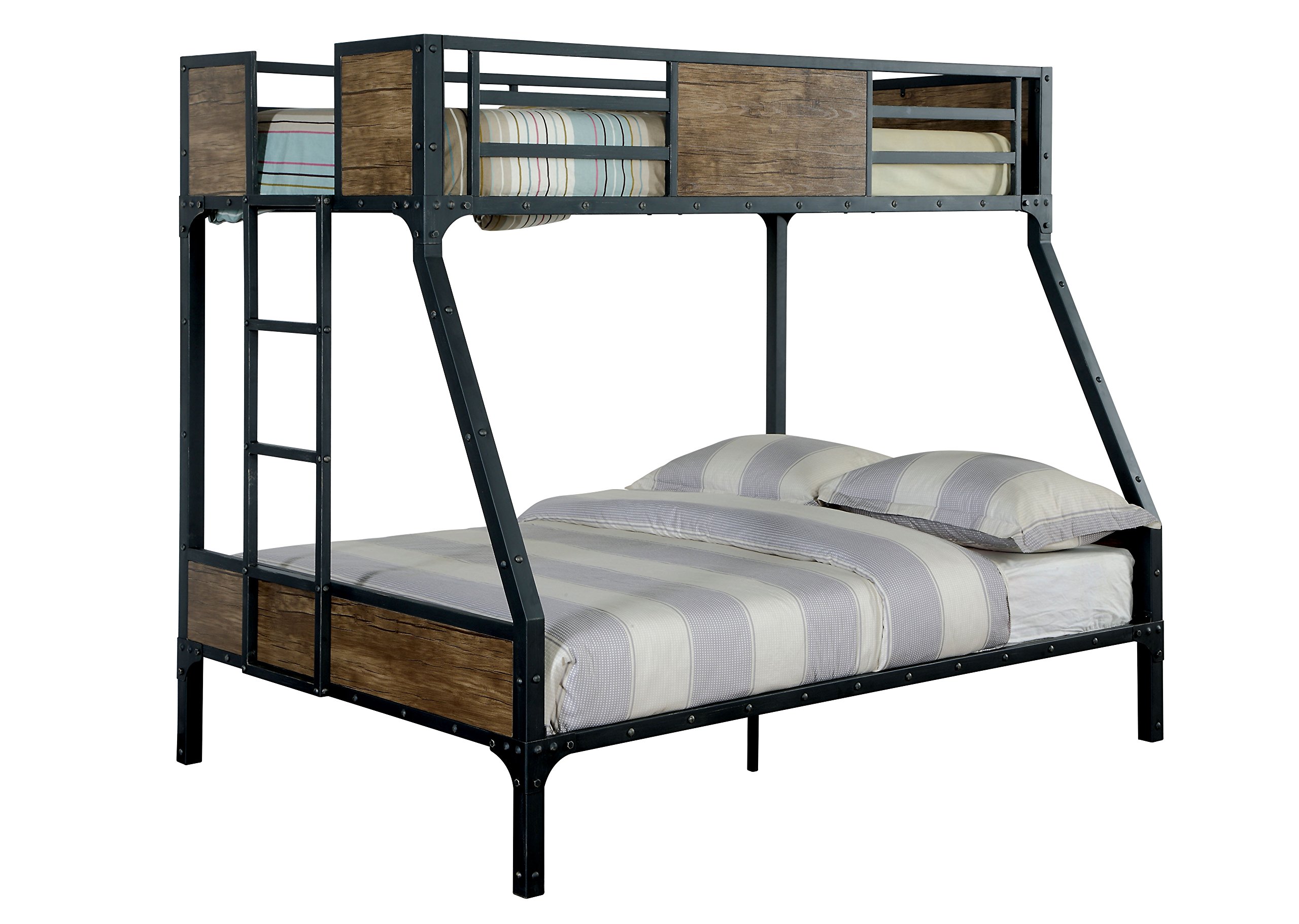 Furniture of America Megyver Two-Level Industrial Metal Bunk Bed - Twin Over Full Size - Black - Space Saving Bed for Kids, Teens & Guest Rooms