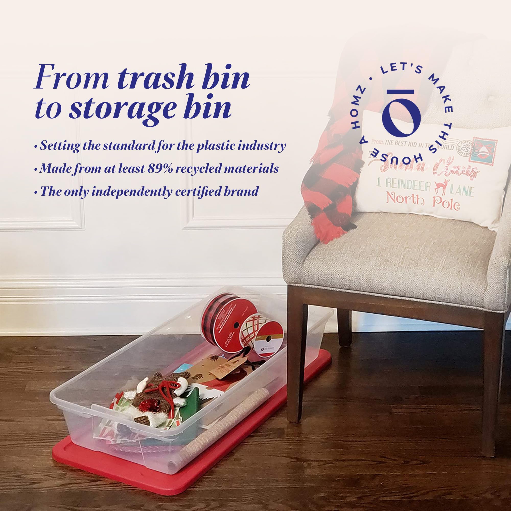 HOMZ 4-Pack 41 Quart Clear Plastic Storage Bins with Red Lids - Seasonal Holiday Organizer for Decorations, Clothes & Home Organization - Perfect for Christmas, Halloween & Attic Storage