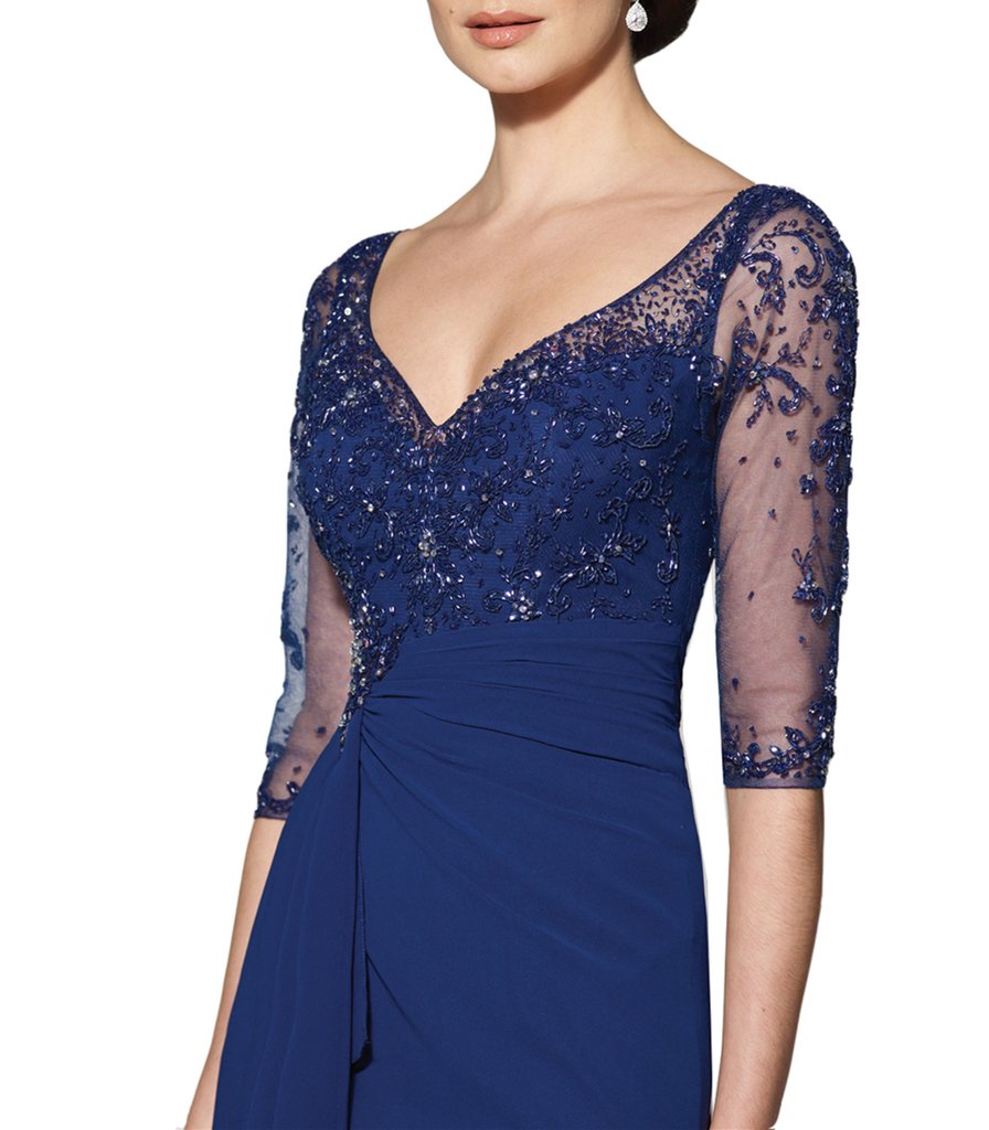 Emmani Women's Elegant Sheath Evening Dress with Applique & Illusion Sleeves - Perfect for Mother of the Bride, Cocktail Parties & Formal Events