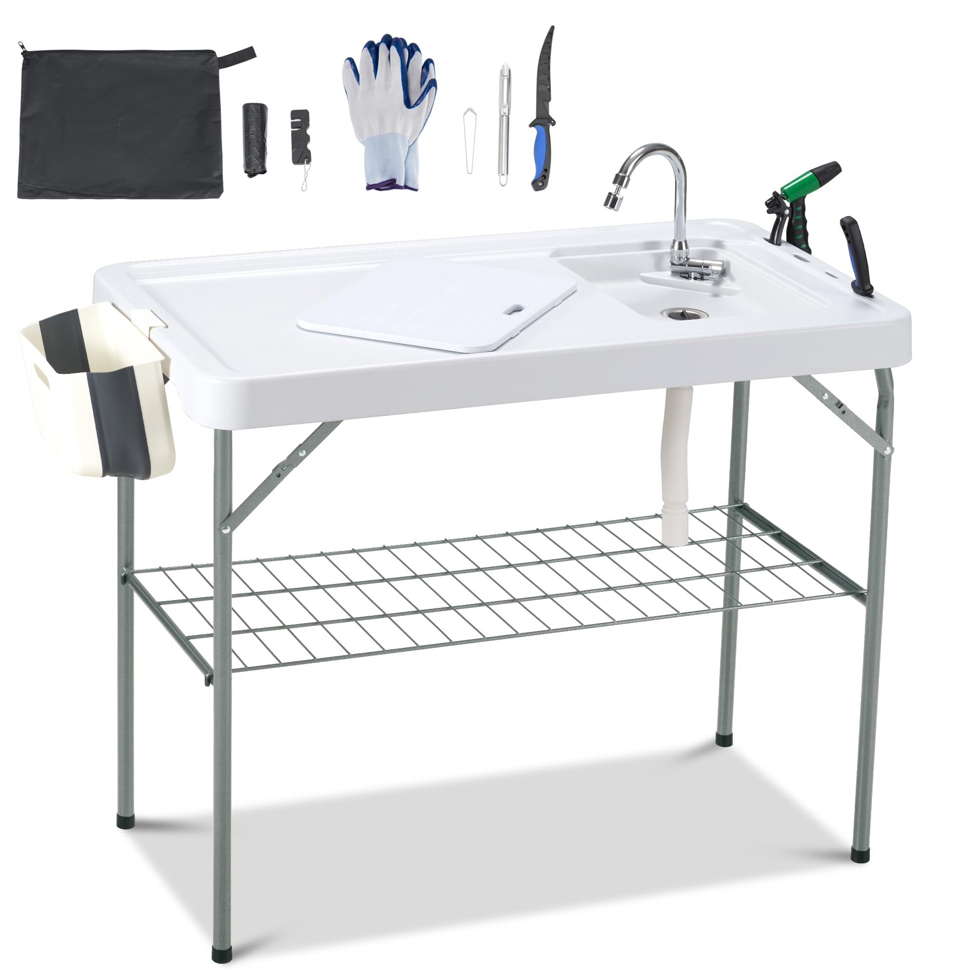 Dragosum Portable Outdoor Sink & Fish Cleaning Table with Faucet, Hose Hook & Grid Rack - Includes 7pc Fish Cleaning Kit - Perfect for Camping, Picnics, Beach, Patio & Backyard Use (Grey)