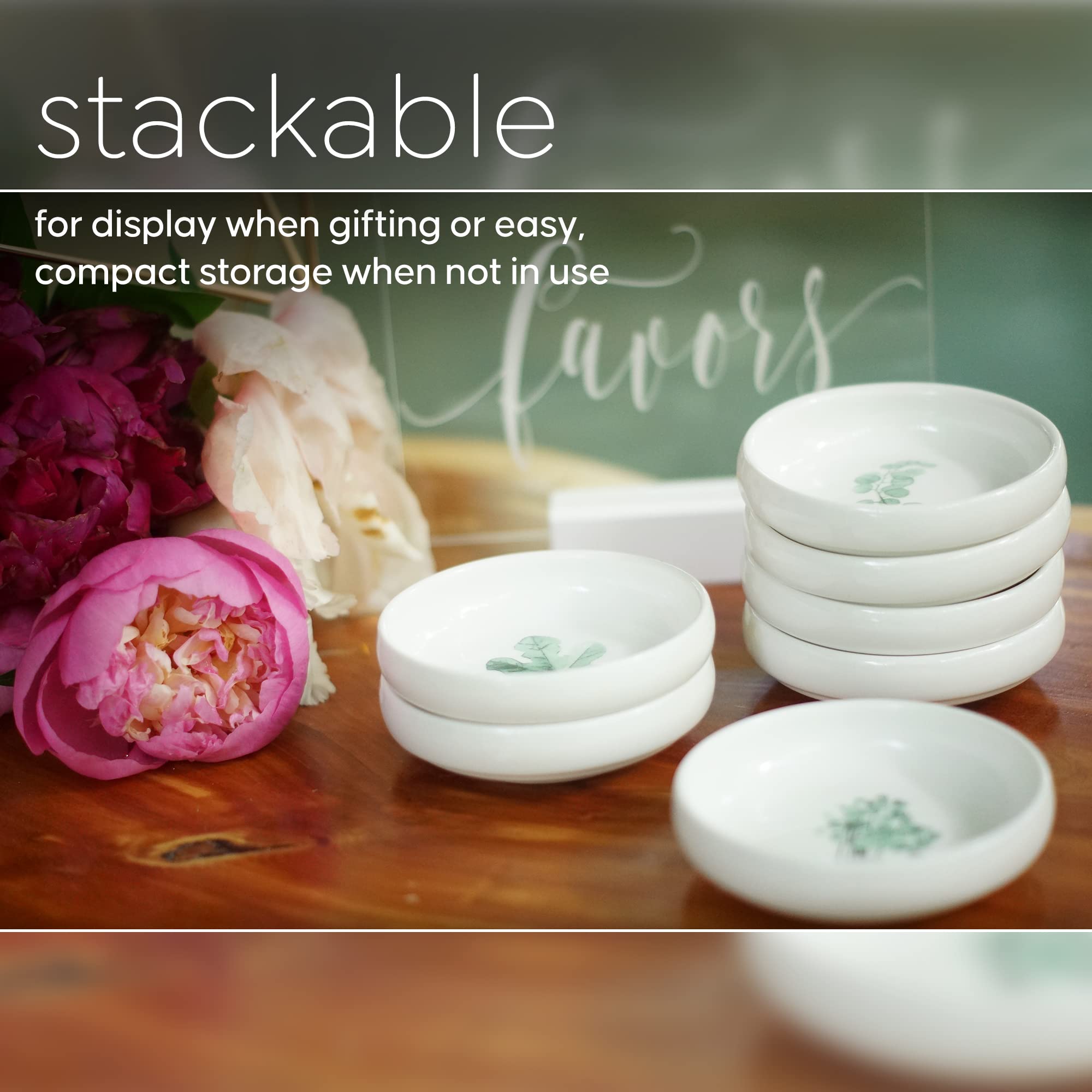 4-Pack Ceramic Ring Dishes with Decorative Plant Design - Stackable Jewelry Organizer for Rings, Earrings & Trinkets - Bathroom Vanity, Bedroom Dresser & Wedding Gift Idea - Cedar and Ink Collection