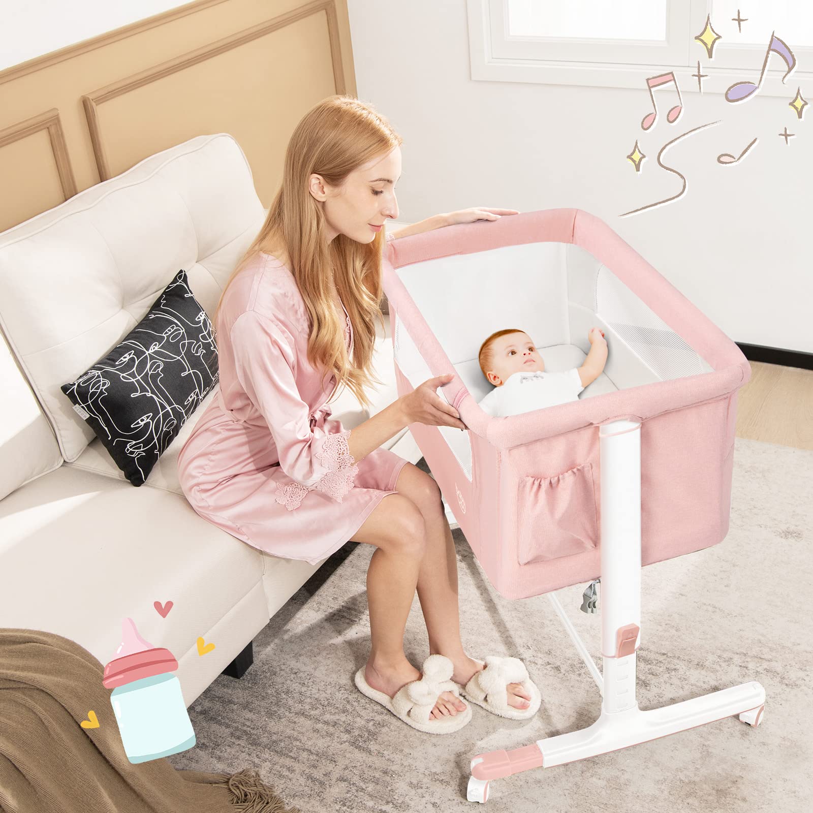 BABY JOY 3-in-1 Adjustable Height Folding Baby Bassinet Bedside Sleeper with Mattress, Lockable Wheels, Storage Pocket & Carry Bag - Portable Crib for Newborn Infants - Nursery, Bedroom & Travel Use (Pink)