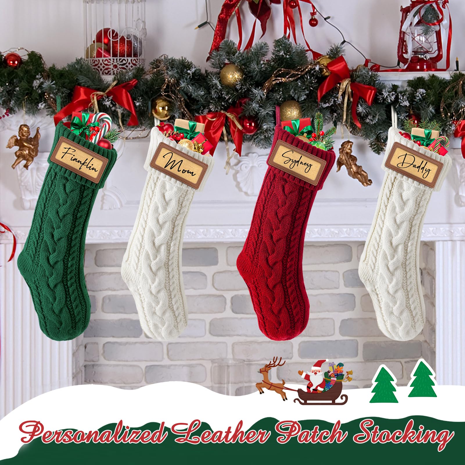 4 Pack Personalized Christmas Stockings with Leather Patches - Custom Name Family Xmas Stockings (18.5