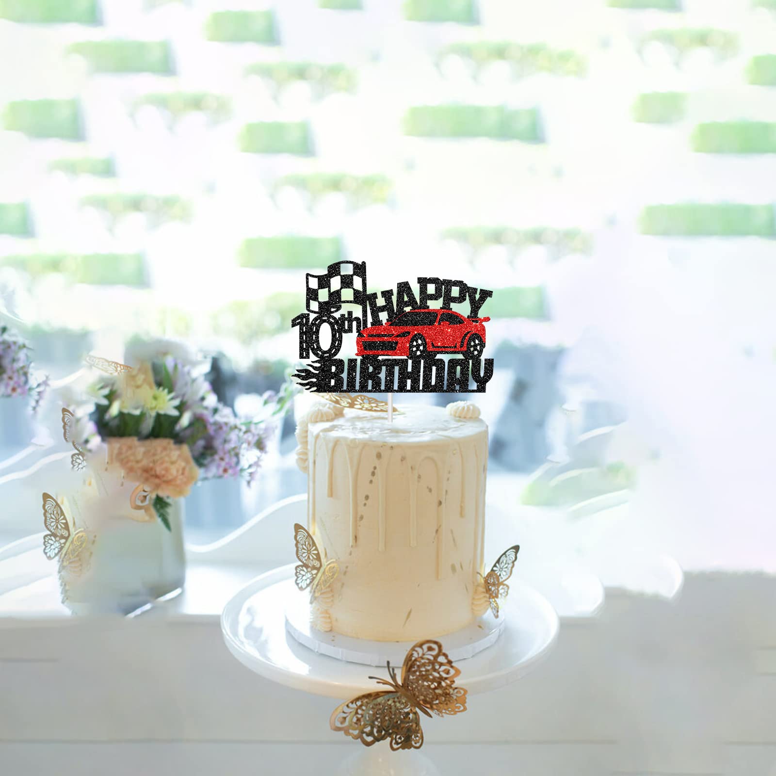 Race Car Happy 10th Birthday Cake Topper - Car Theme Cake Decor for Boys & Girls Birthday Party - Kids Decoration Supplies - Perfect for 10th Birthday Celebrations, Car-Themed Parties & Special Occasions