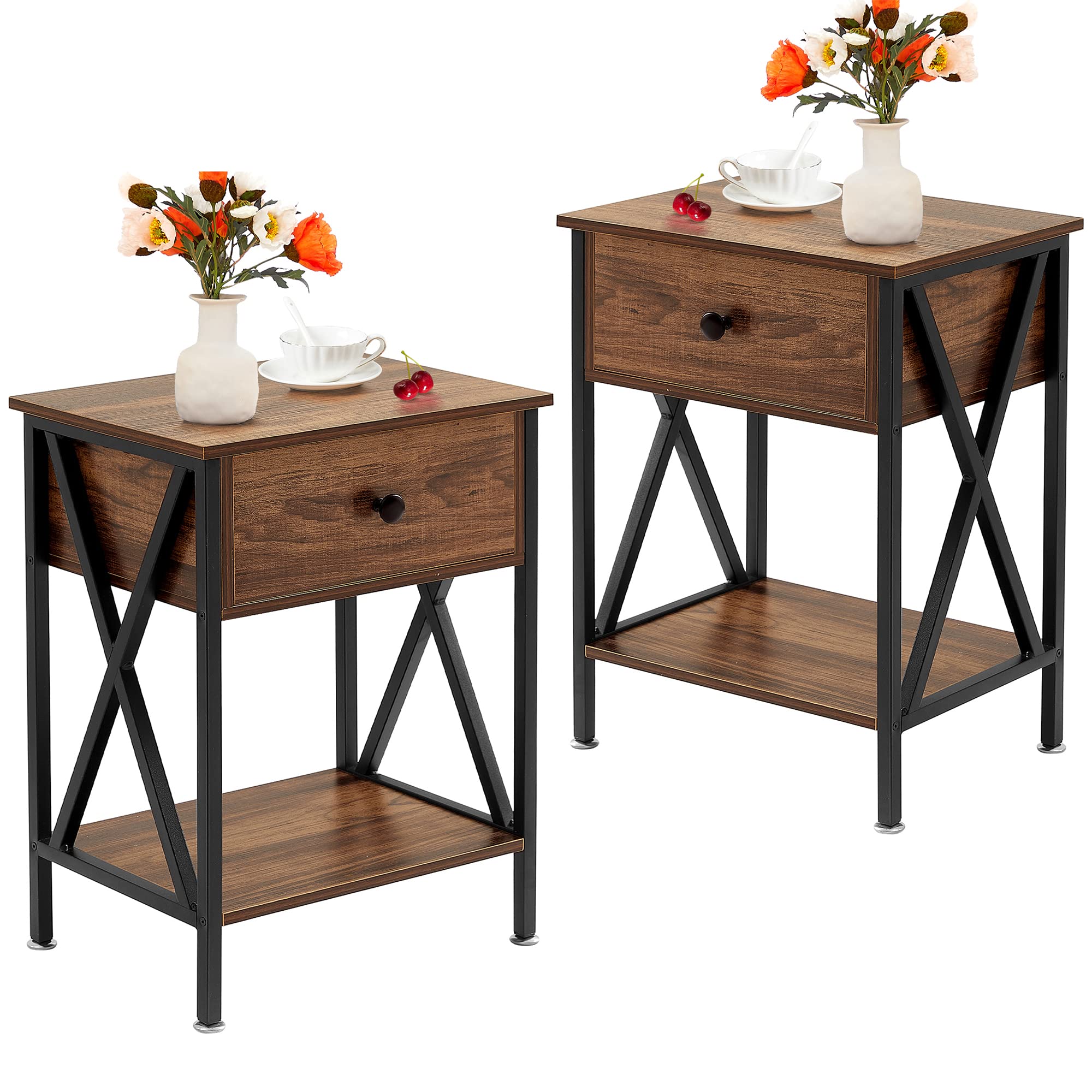 VECELO 2-Piece Nightstand Set - Modern Industrial Side Tables with Drawer & Storage Shelf for Bedroom & Living Room - Wood & Metal End Tables in Brown - Perfect for Small Spaces, Apartment Furniture & Home Decor