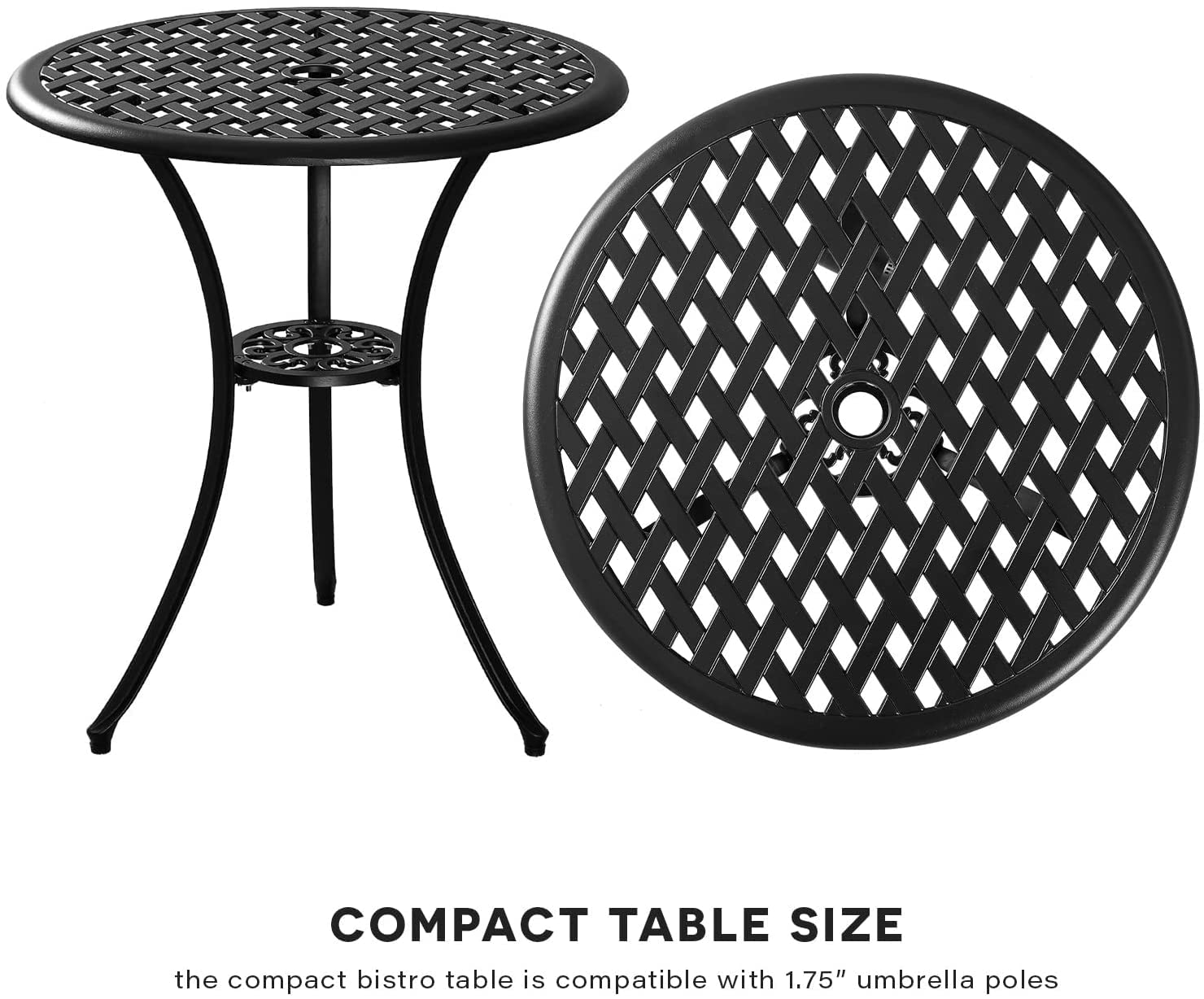 3Pcs Black Cast Aluminum Patio Bistro Set with Cushions - Outdoor Dining Table with Umbrella Hole & 2 Chairs - Durable Metal Garden Furniture for Backyard, Poolside & Balcony Relaxation