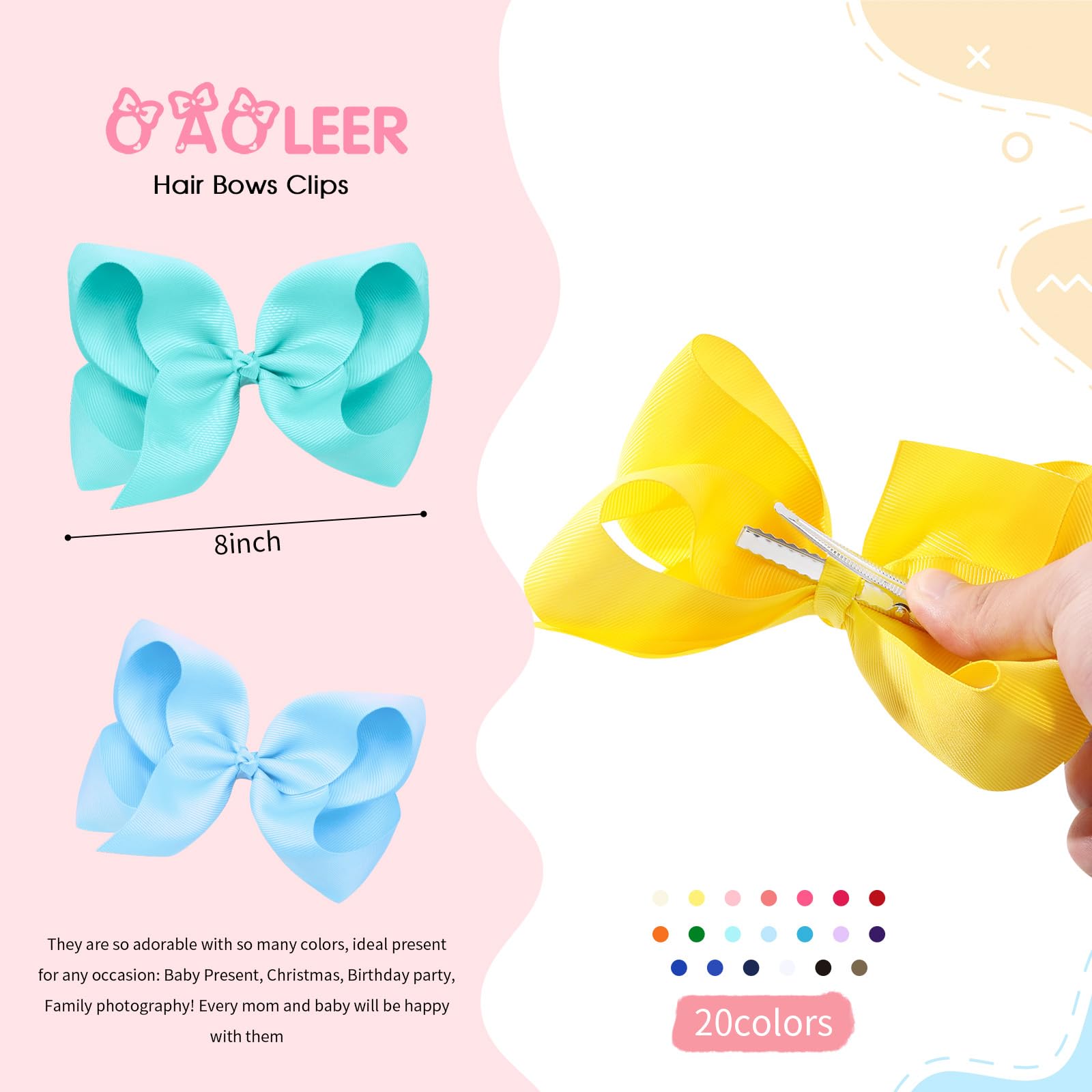 Oaoleer 20PCS 8 Inch Hair Bows for Girls - Grosgrain Ribbon Toddler Hair Clips with Alligator Clips for Baby Girls, Kids & Teens - Perfect for School, Parties & Special Occasions