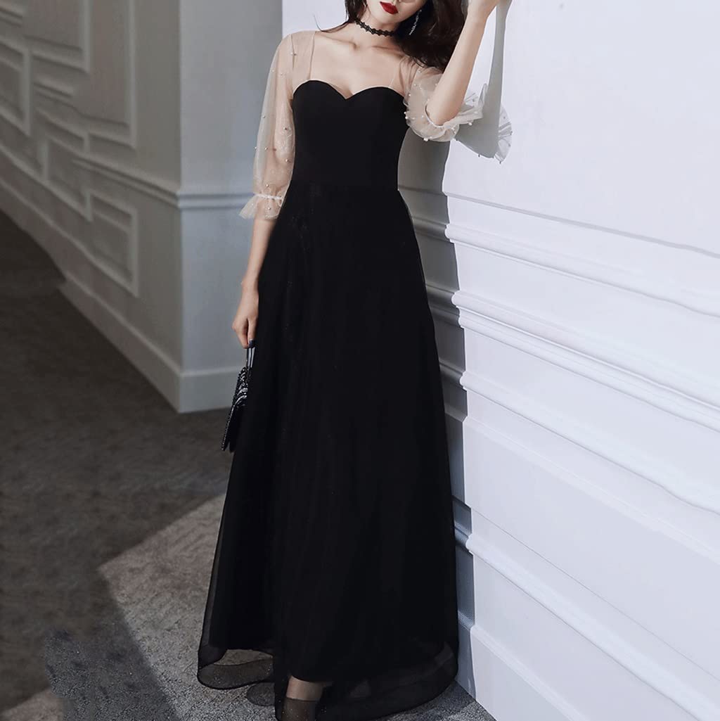Elegant Black Evening Dress with Gauze Sleeves & Nail Beads - XX-Large Women's Party Gown for Birthday, Formal Events & Special Occasions