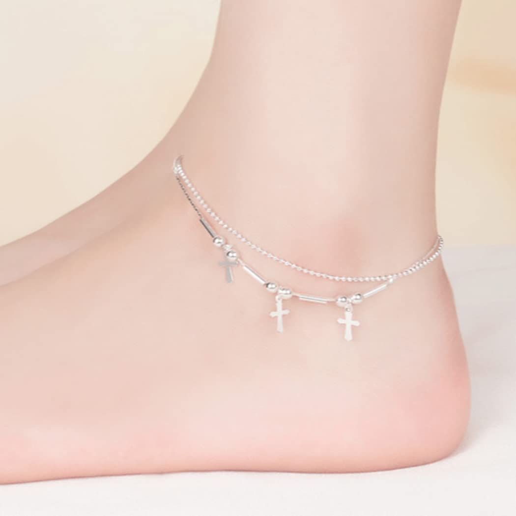 Chereda 925 Sterling Silver Geometric Cross Bead Double Layer Anklet for Women - Elegant Foot Jewelry for Beach, Party, Birthday Gifts & Everyday Wear