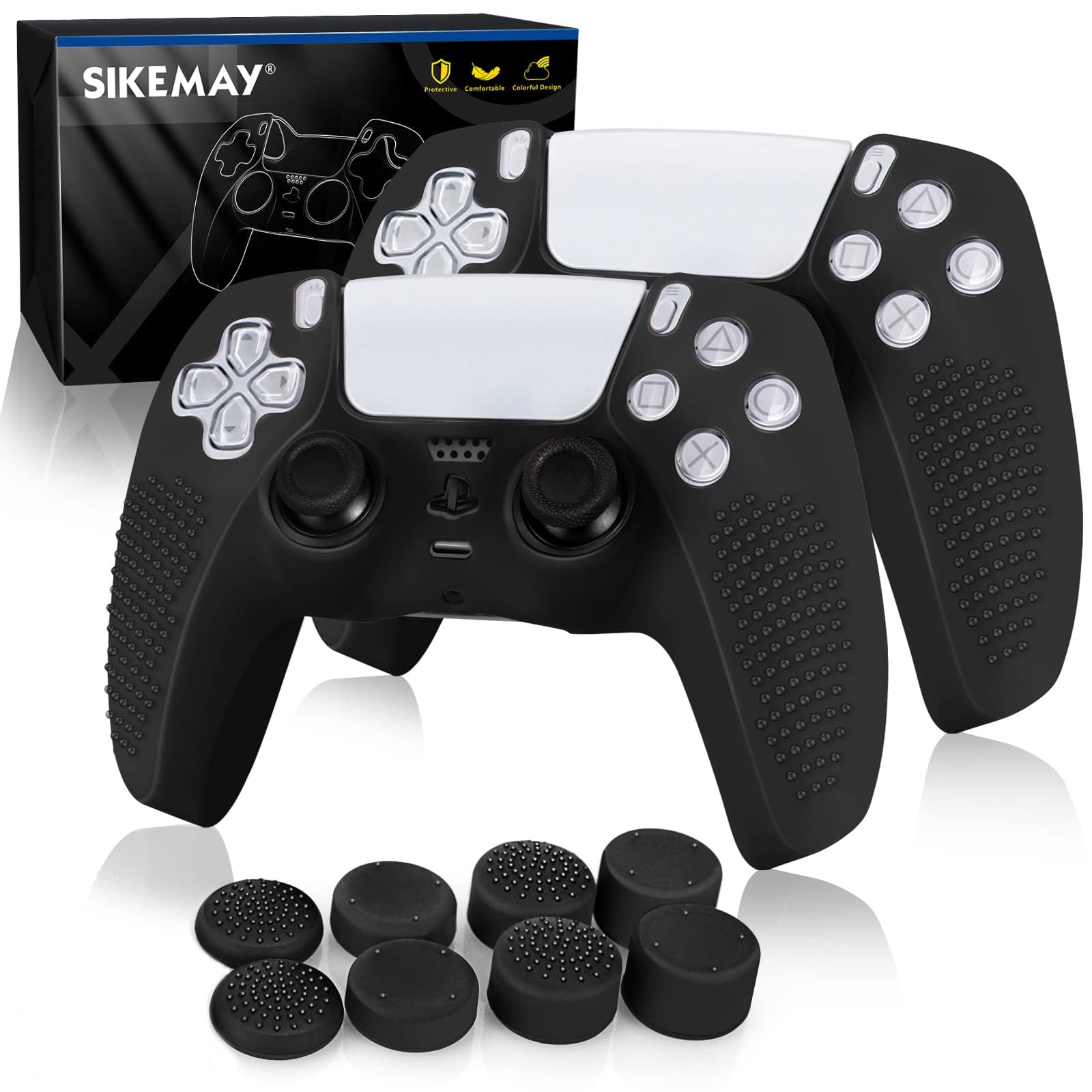 SIKEMAY 2Pcs Anti-Slip Silicone PS5 Controller Cover with 8 Grips - Protective Skin Case for PlayStation 5 Controller (Black) | Perfect for Gaming, Long Sessions & Enhanced Grip Comfort