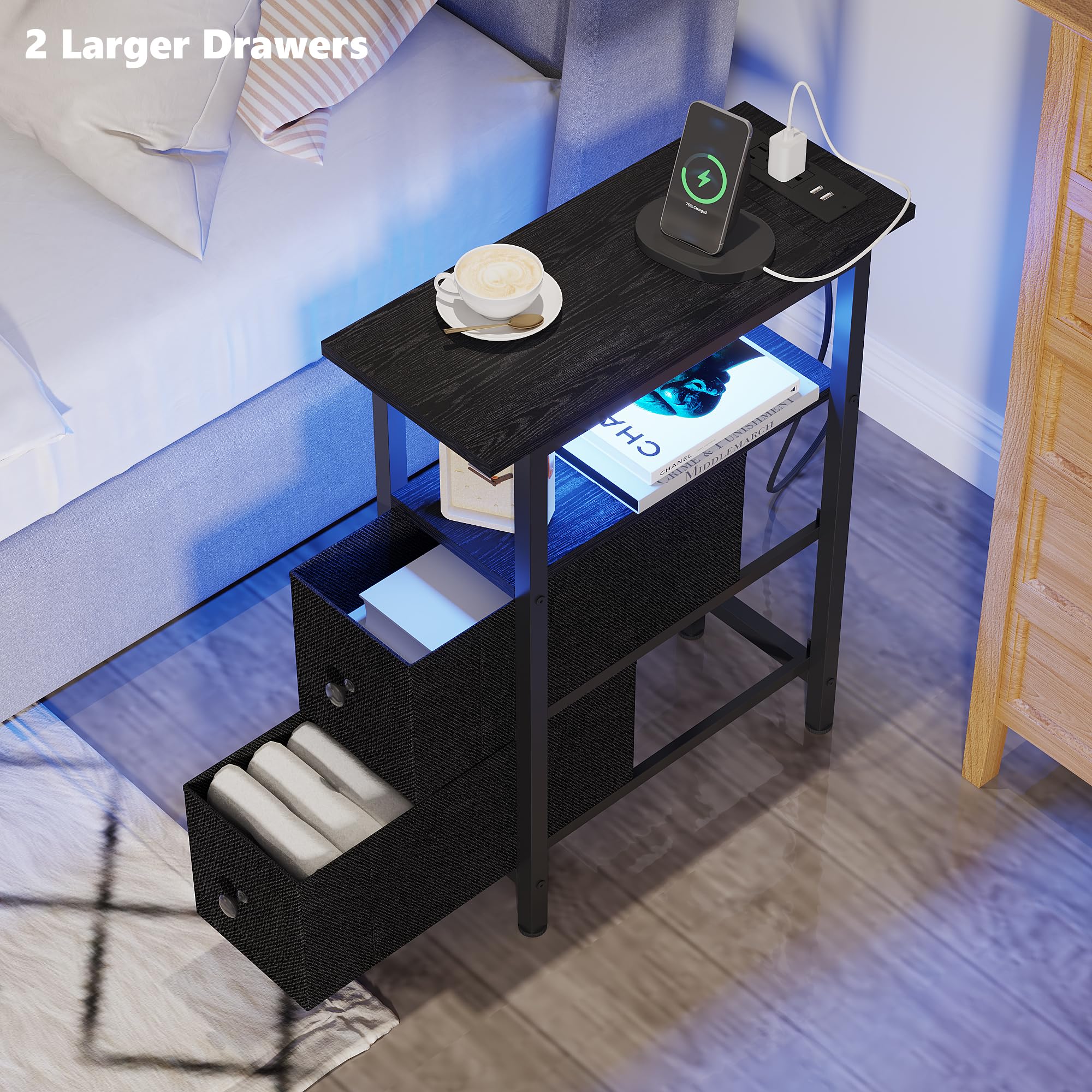 Slim Narrow End Table with USB Charging Station & LED Light - 2 Fabric Drawers Nightstand for Bedroom, Living Room - Space Saving Small Side Table for Apartments, Dorms (Black) | Perfect for Bedside Organization & Modern Home Decor