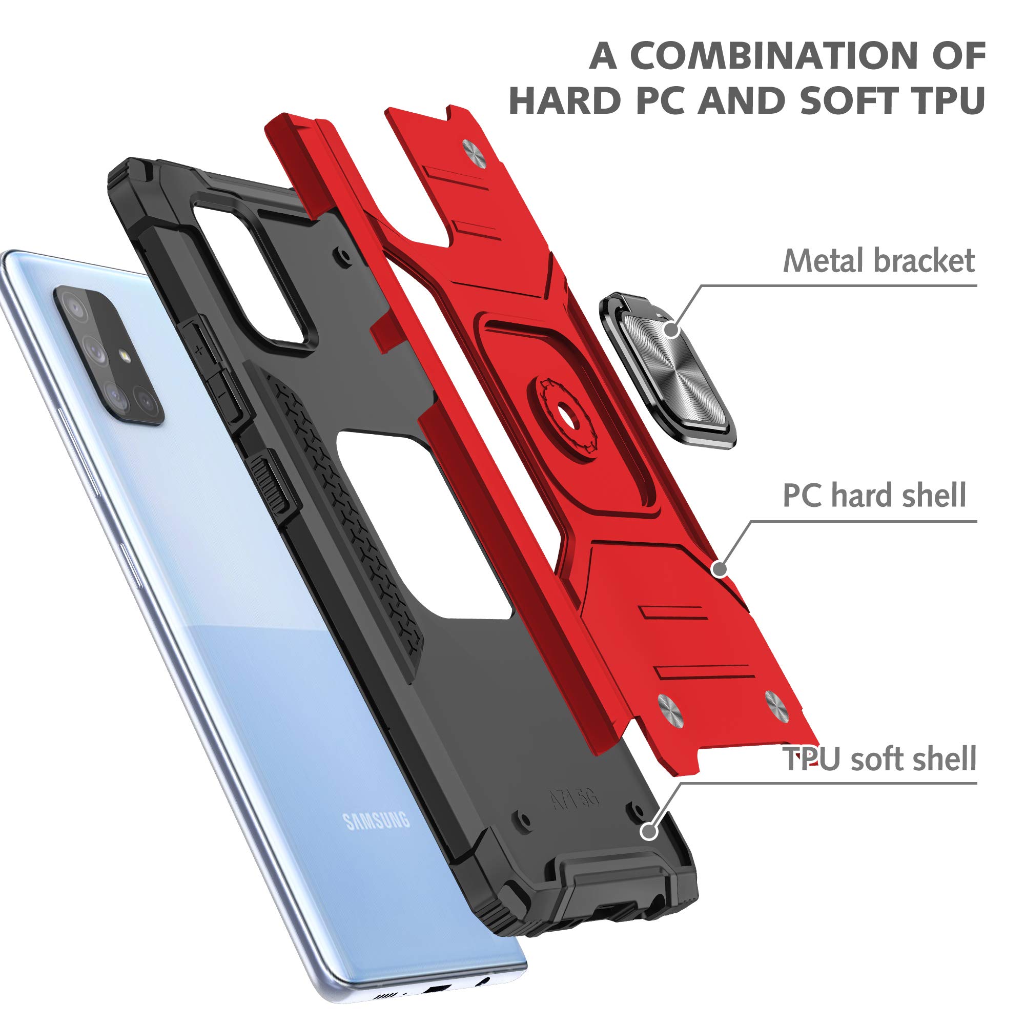 Samsung Galaxy A71 5G Case (Not for A71) with Tempered Glass Screen Protector - Military Grade Shockproof Phone Cover with Magnetic Ring Kickstand & Car Mount - Perfect for Work, Travel & Outdoor Activities (Red)