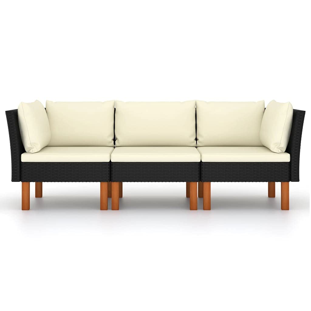 3-Seater Black Poly Rattan Garden Sofa with Cushions - Fast Delivery - Perfect for Living Room, Apartment, Small Space, Coffee Table Set, Garden, Backyard & Poolside - Ideal for Outdoor Relaxation & Entertaining