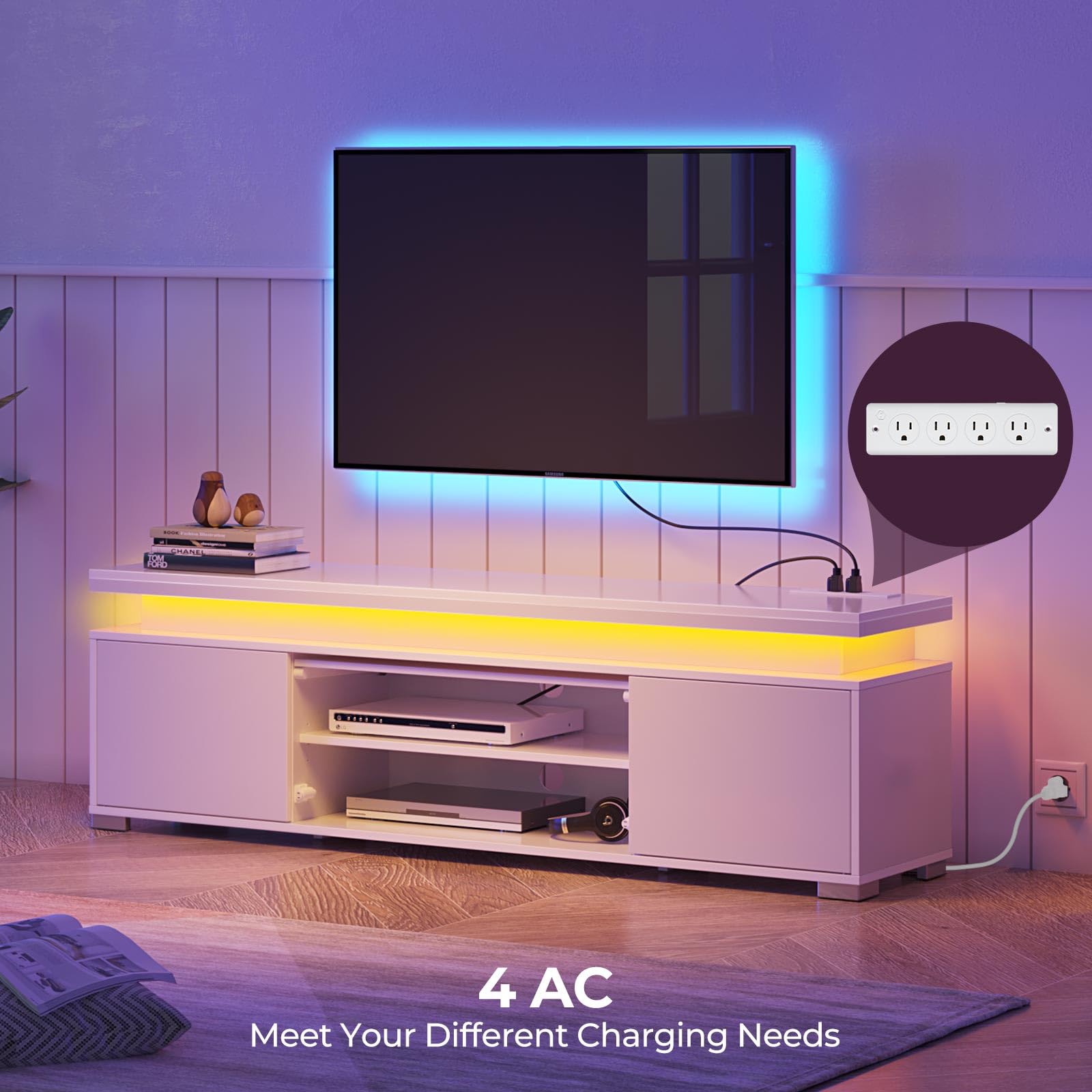 Rolanstar Modern TV Stand with LED Lights & Power Outlet - Universal Entertainment Center for 32-65 Inch TVs, Gaming Media Storage Cabinet with Large Storage Space - Perfect for Living Room, Bedroom & Home Theater (White)