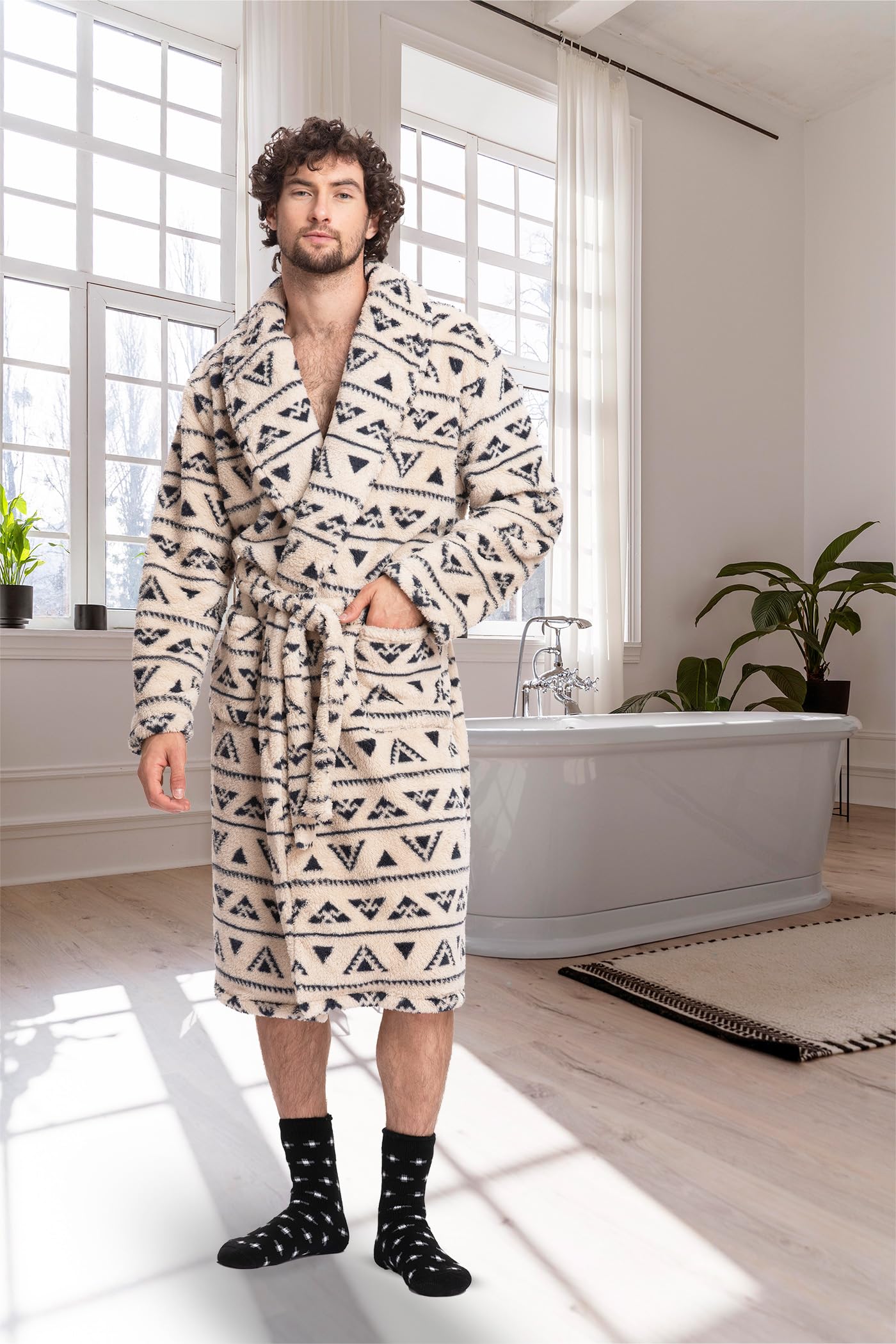 Mad Dog Men's Fleece Sherpa Robe - Soft Fluffy Bathrobe for Men | Lightweight Full-Length Winter House Coat | Warm Loungewear for Home, Spa & Relaxation