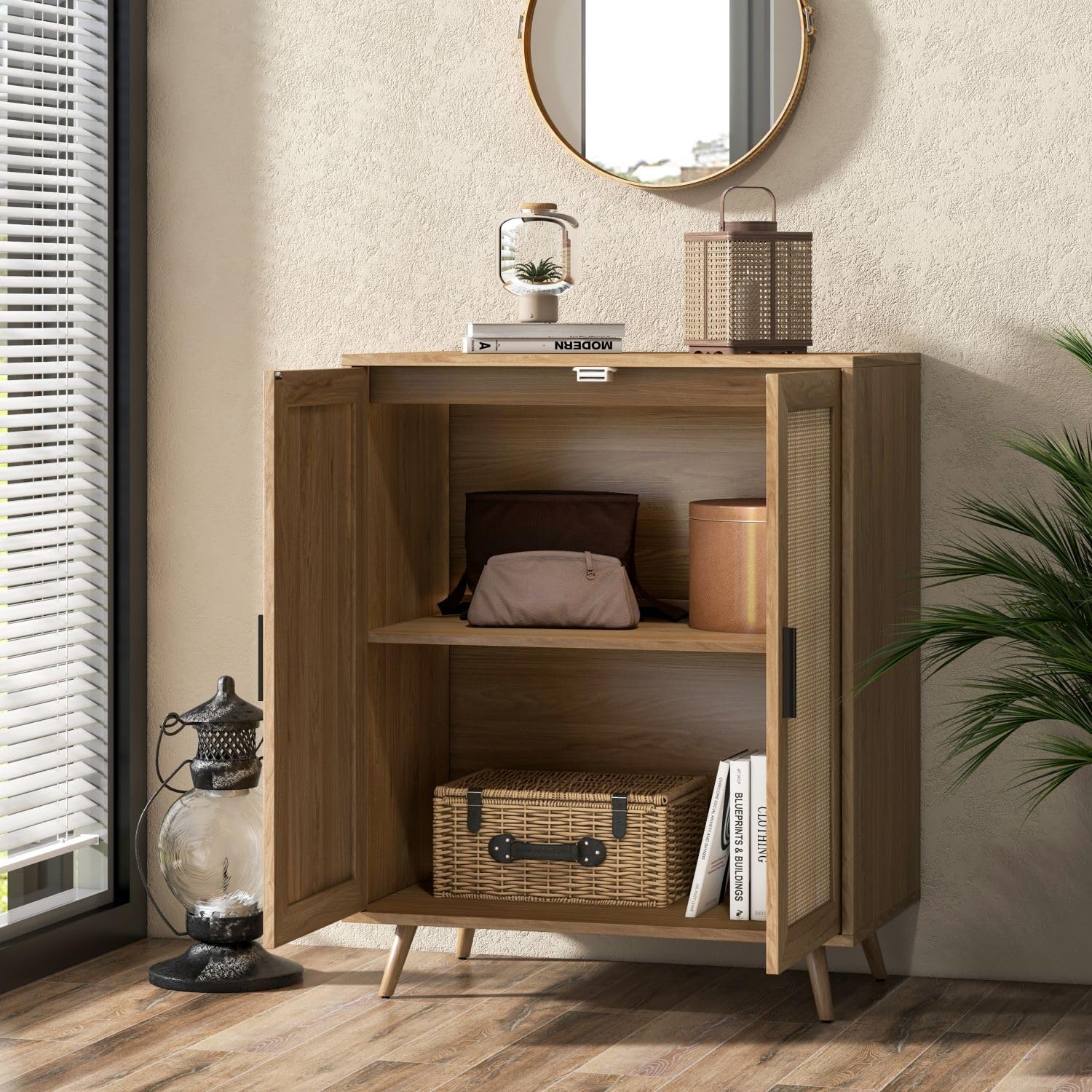 Xilingol Rattan Storage Cabinet - Buffet Sideboard with Woven Rattan Doors & Solid Pine Wood Feet - Entryway, Hallway, Living Room Accent Furniture - Perfect for Farmhouse, Coastal, or Boho Home Decor