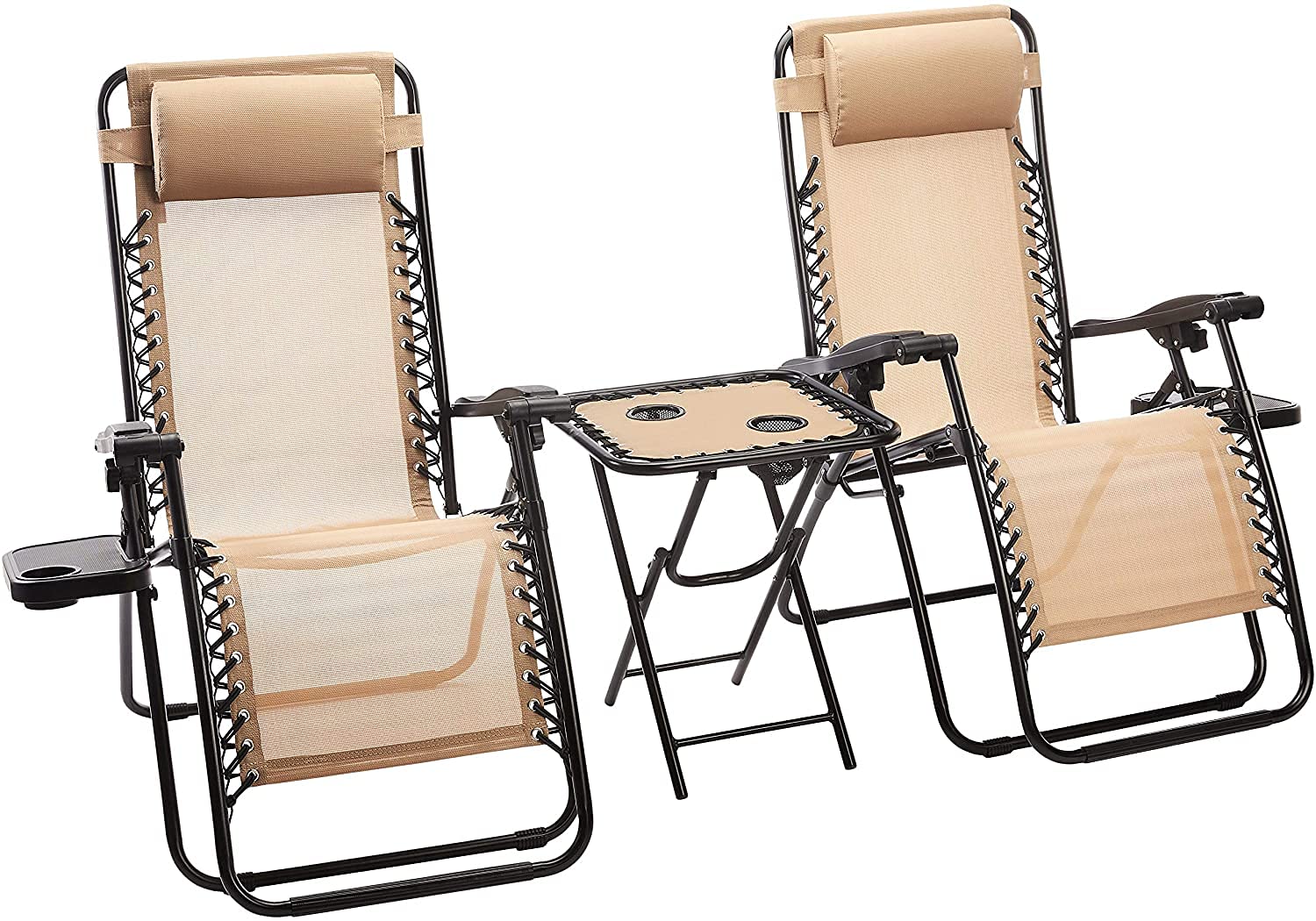 Premium Adjustable Zero Gravity Folding Lounge Chair with Side Table & Pillow - 2 Pack Beige Outdoor Recliner for Patio, Poolside, Beach & Backyard Relaxation