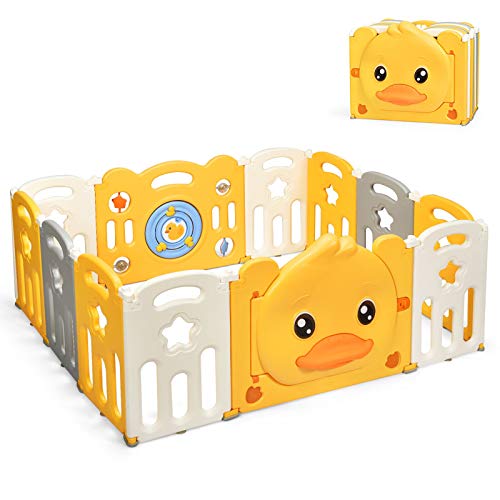 HONEY JOY 12-Panel Foldable Baby Playpen with Anti-Slip Rubber Base & Suction Cups - Extra Large Safety Play Yard for Toddlers, Indoor Baby Gate for Home - Perfect for Playtime, Childproofing & Pet Containment
