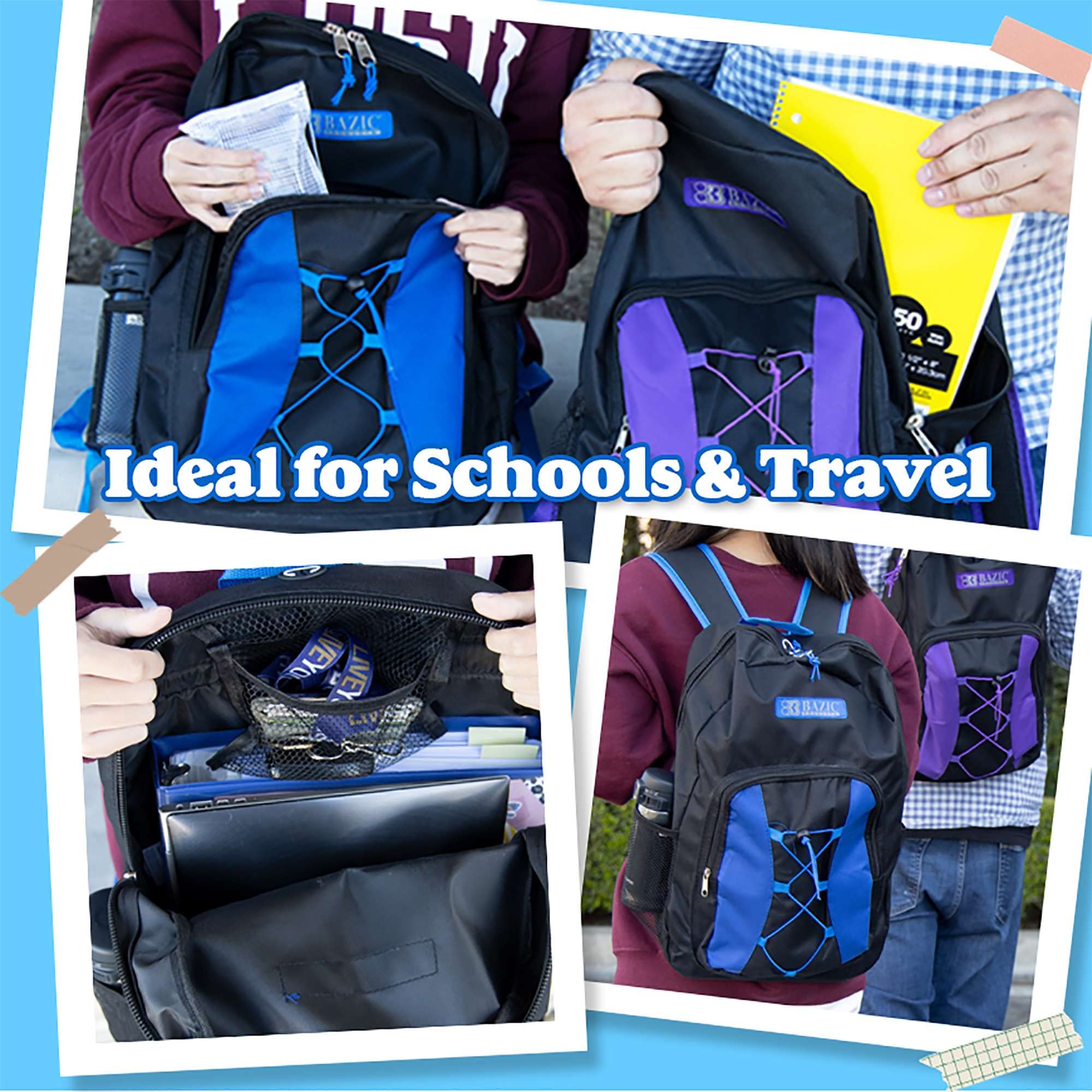 BAZIC 17 Inch Lightweight School Backpack with Padded Back & Adjustable Straps - 6 Pack Multi-Colored Backpacks for Students, USB Charging Port & Headphone Jack - Perfect for School, College, Travel & Daily Commute
