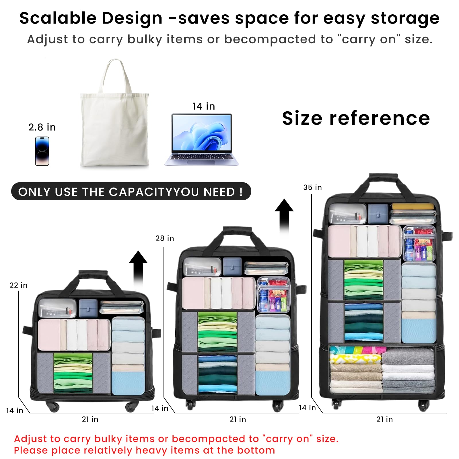 Expandable Foldable Suitcase with Wheels - Lightweight Collapsible Rolling Luggage Bag for Men & Women - Perfect for Air Travel, Weekend Getaways & Business Trips