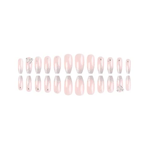 Long Coffin Press On Nails - Acrylic Fake Nails with Rhinestone & Glitter Design, Full Coverage Short Nails, Gradual Wearing Powder Blusher Love & Butterfly Decorations (Size A, One Size) - Perfect for Parties, Weddings & Special Occasions