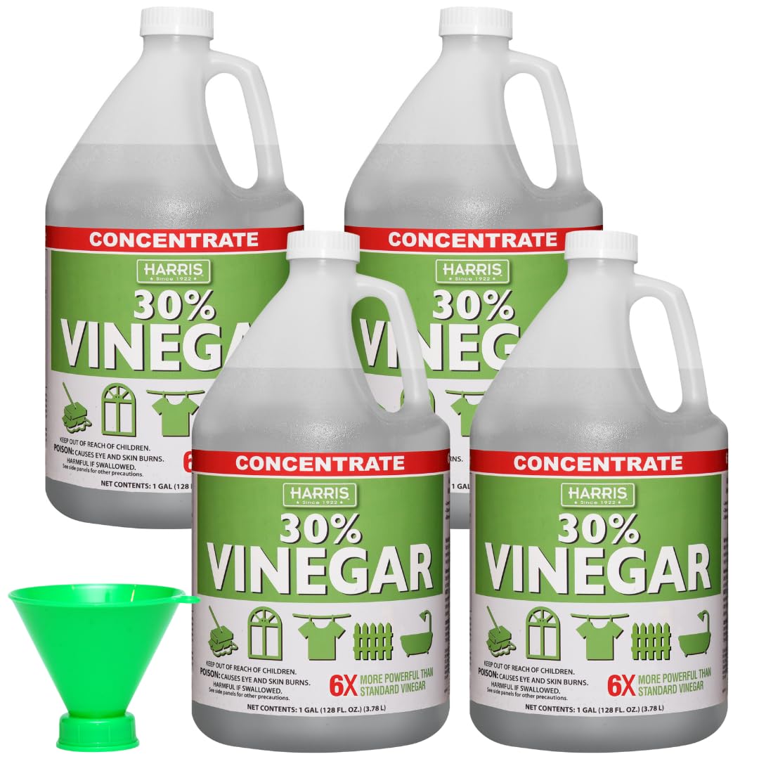 Harris 30% Vinegar Extra Strength - Industrial & Household Cleaning Solution with Included Funnel (1 Gallon, 4-Pack) - Perfect for Weed Control, Descaling, Stain Removal & Disinfecting Surfaces