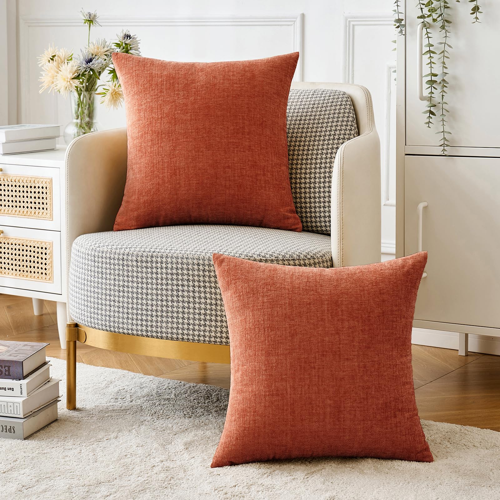 MIULEE 2-Pack 18x18 Inch Soft Burnt Orange Chenille Throw Pillow Covers for Couch, Sofa & Living Room - Solid Dyed Decorative Pillow Cases - Perfect for Home Decor, Cozy Accents & Seasonal Styling
