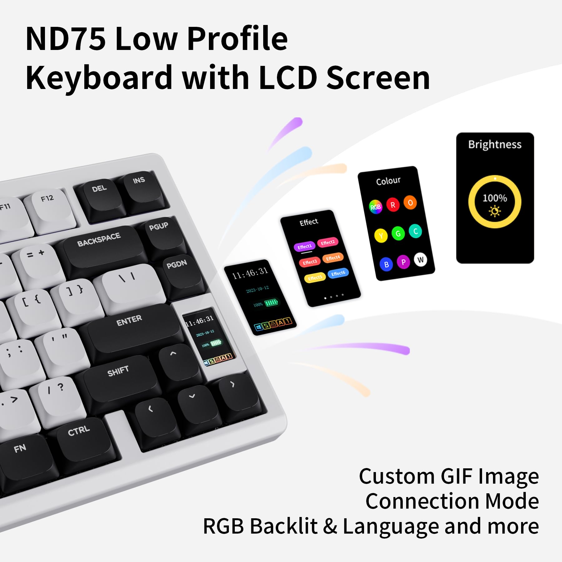 Chilkey ND75 Low Profile Aluminum Mechanical Keyboard - 75% Wireless Gaming Keyboard with Screen, Tri-Mode Connectivity, Quick Disassembly, RGB Backlit - for PC, Laptop, Office & Gaming (White) | Perfect for Typing, Programming & Esports