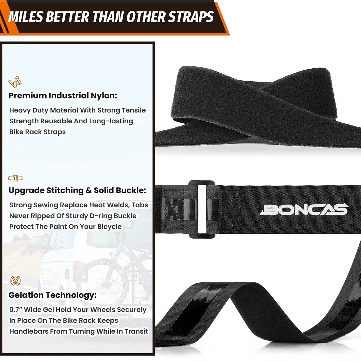 Boncas Adjustable Bike Rack Strap - Bicycle Wheel Stabilizer with Anti-Slip Gel Grip | Secure Your Bike During Transport | Perfect for Car Racks, Trucks & SUVs