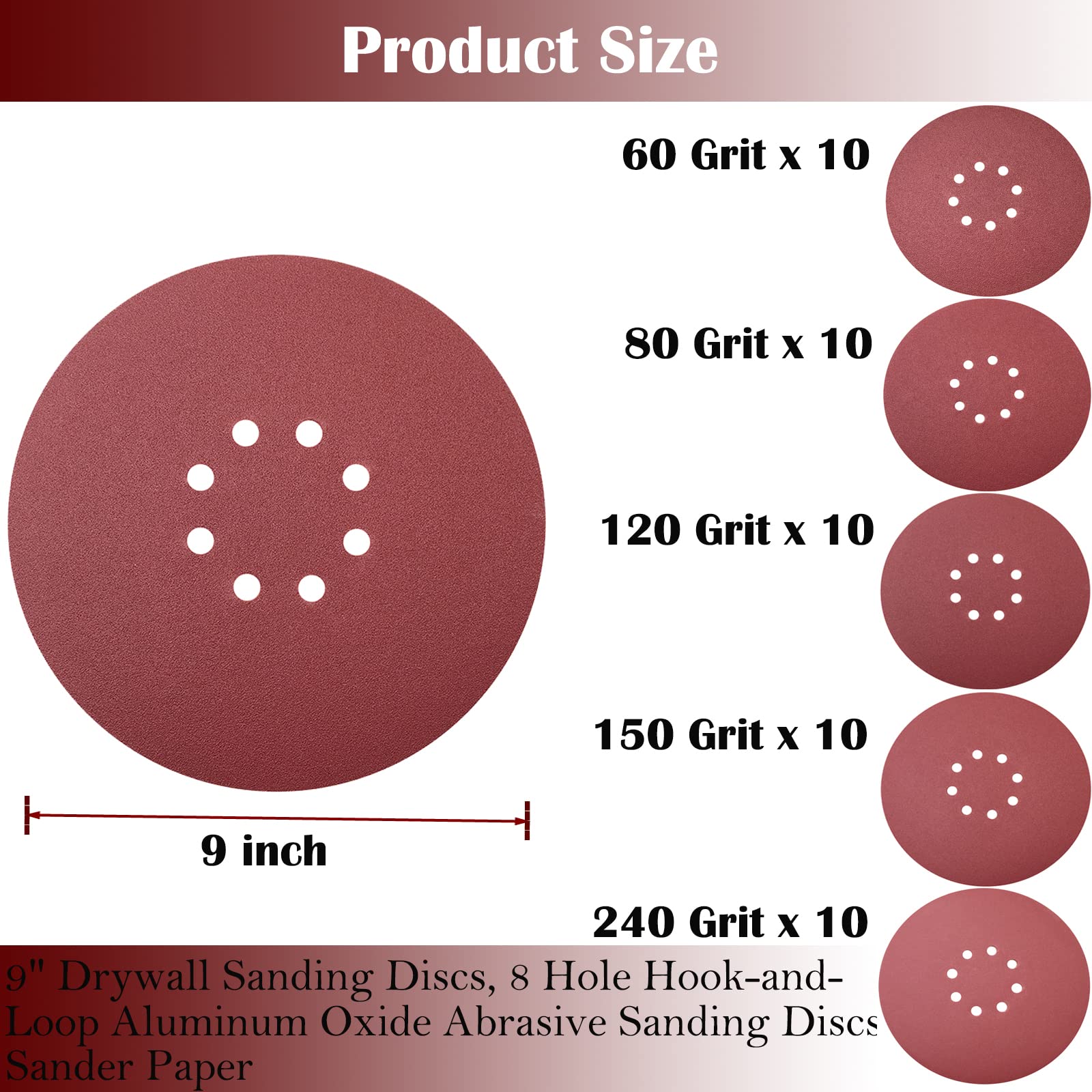 50 PCS 9 Inch 8 Hole Drywall Sanding Discs - 60/80/120/150/240 Grits Hook & Loop Sandpaper for Drywall, Walls & Floors | Perfect for Home Renovation, Drywall Repair & Surface Polishing