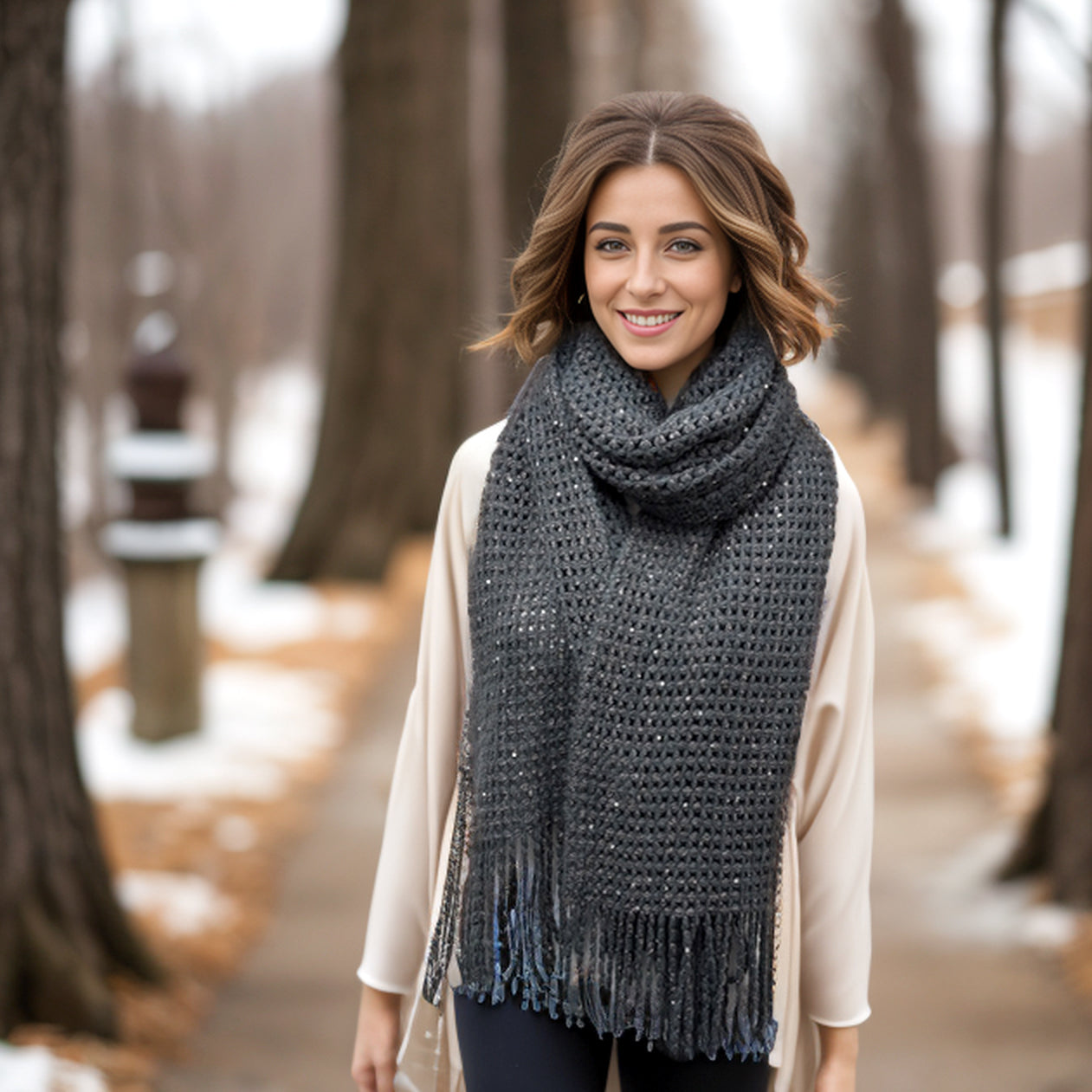 Rila Knitted Long Scarf with Sequins - Dark Grey Winter Fashion Accessory for Women | Perfect for Cold Weather, Holiday Gifts & Party Outfits