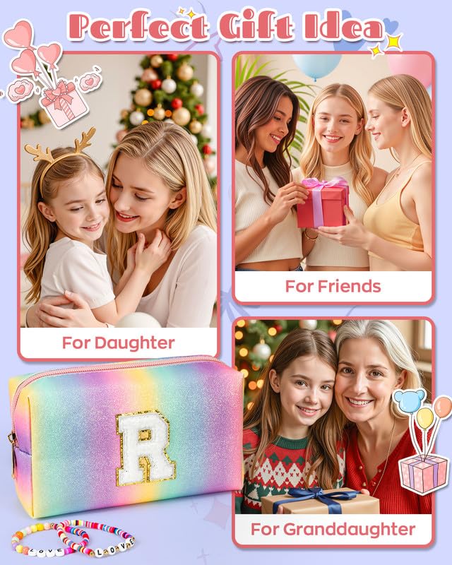 Personalized Initial Makeup Bag for Women Girls Teens - Cute Cosmetic Pouch as Birthday Gift, Easter Present for Daughter Granddaughter - Trendy Preppy Accessories for School, Travel & Daily Use (Small)