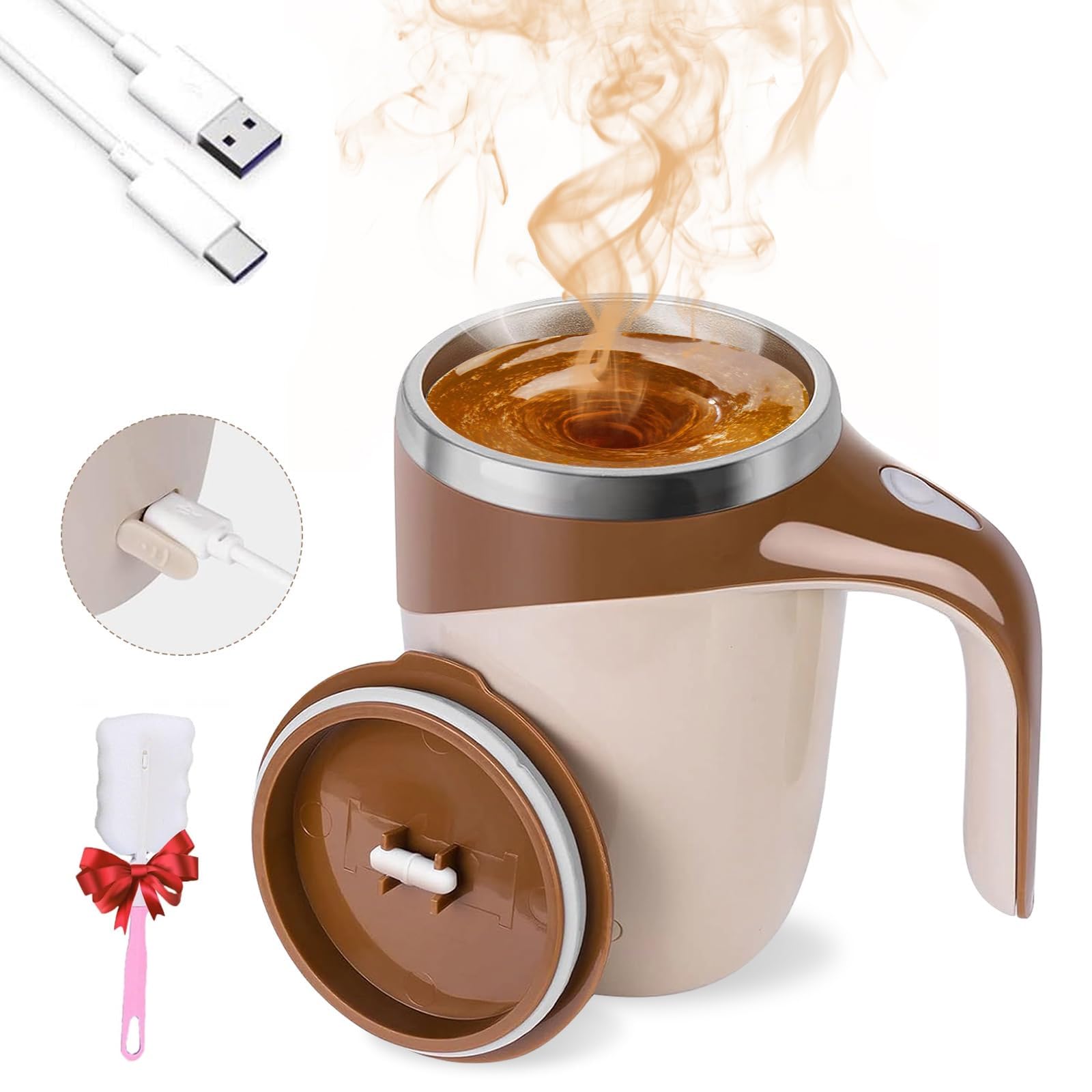 2025 Automatic Magnetic Stirring Coffee Mug - Self Stirring Stainless Steel Travel Mug with Lid for Coffee, Tea & Hot Drinks | Insulated Thermos for Office, Home & Commuting (Brown)