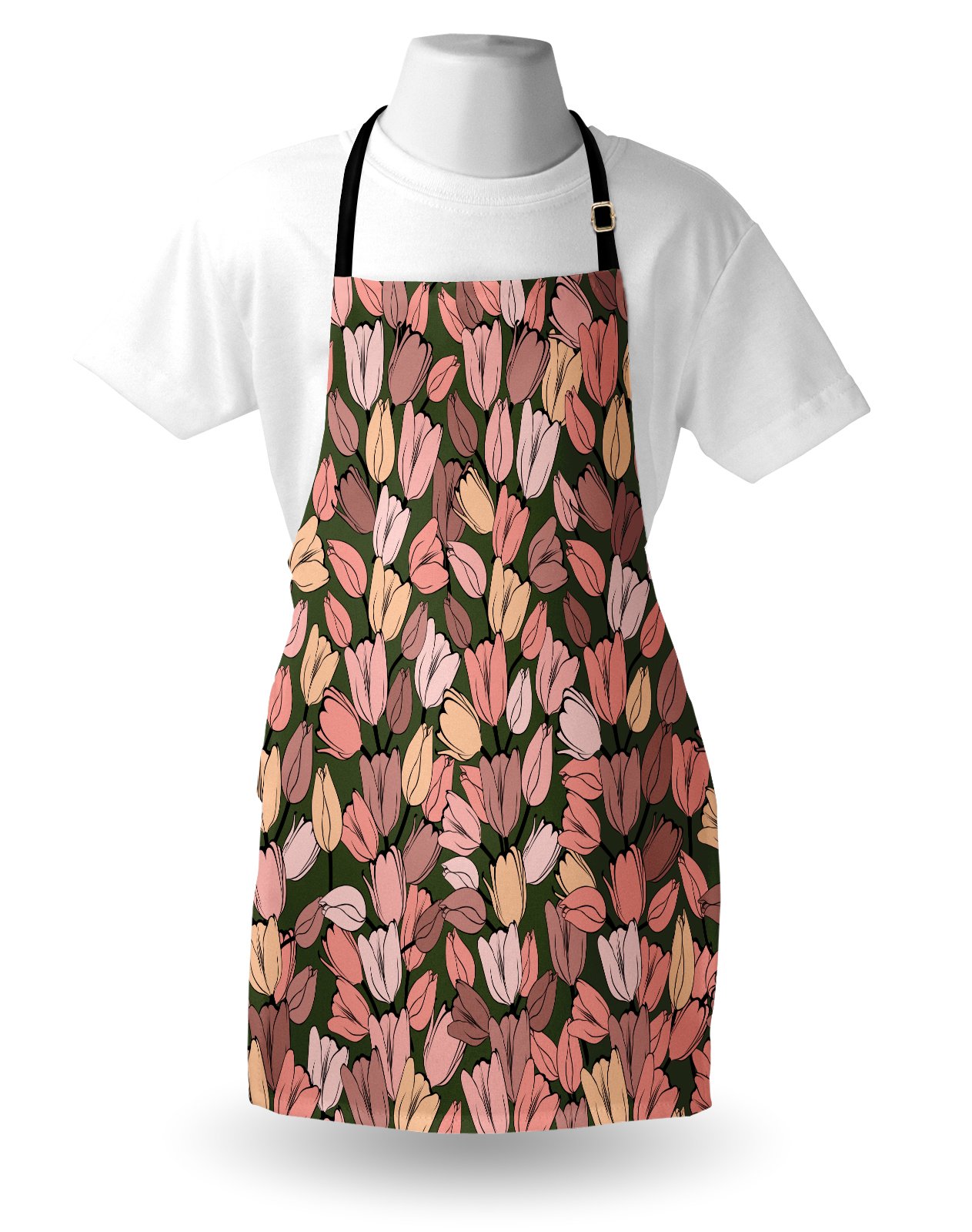 Ambesonne Retro Tulip Flower Apron - Unisex Adjustable Kitchen Bib for Cooking, Baking & Gardening - Spring Garden Nature Art Design in Cocoa Coral Cream - Perfect for Home Chefs, BBQ Parties & Outdoor Activities