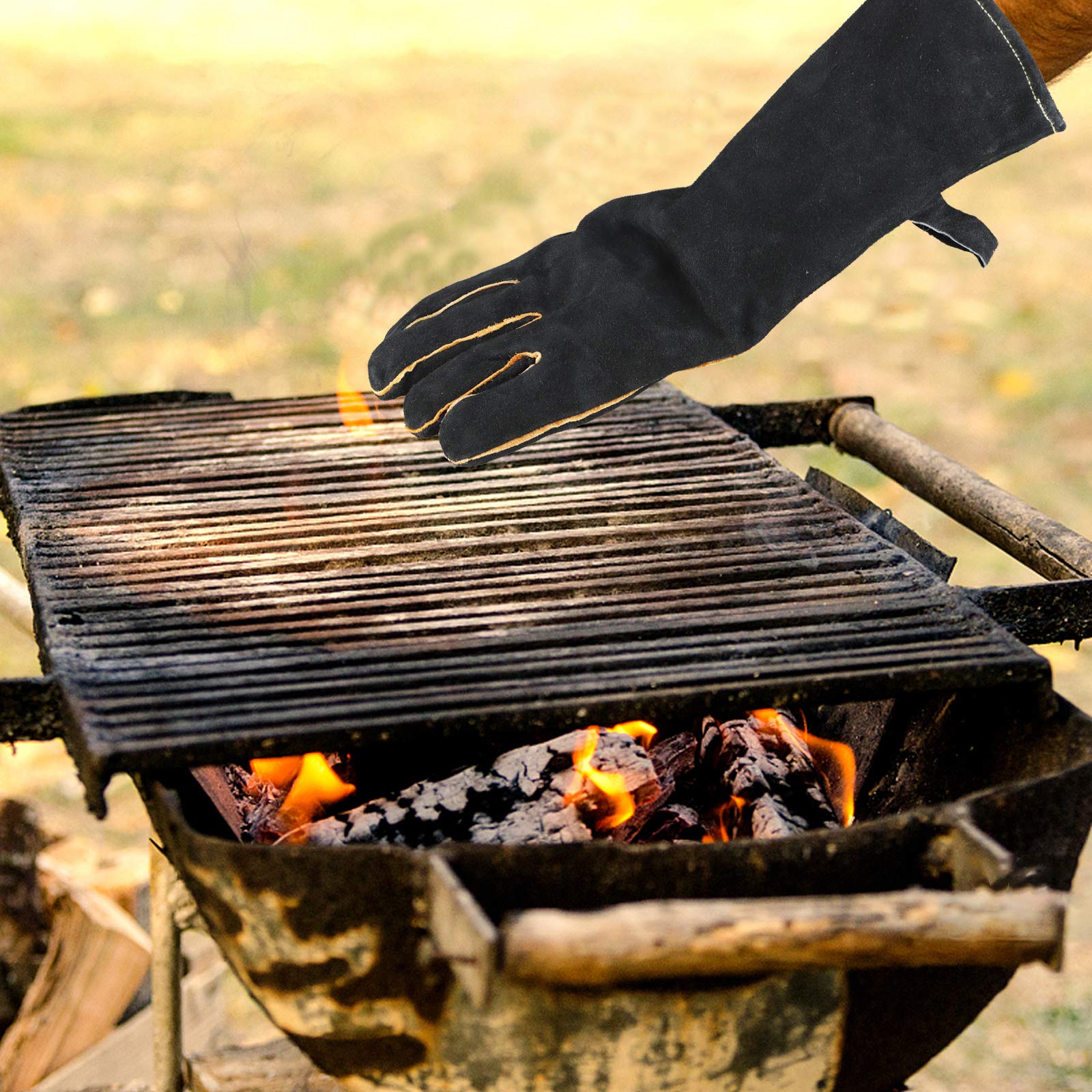 Heat & Fire Resistant Leather Gloves with Kevlar Stitching - Black/Gray - Perfect for Fireplace, Stove, Oven, Grill, Welding, BBQ, MIG, Pot Holders & Animal Handling - Ideal for Cooking, Metalworking & Outdoor Activities