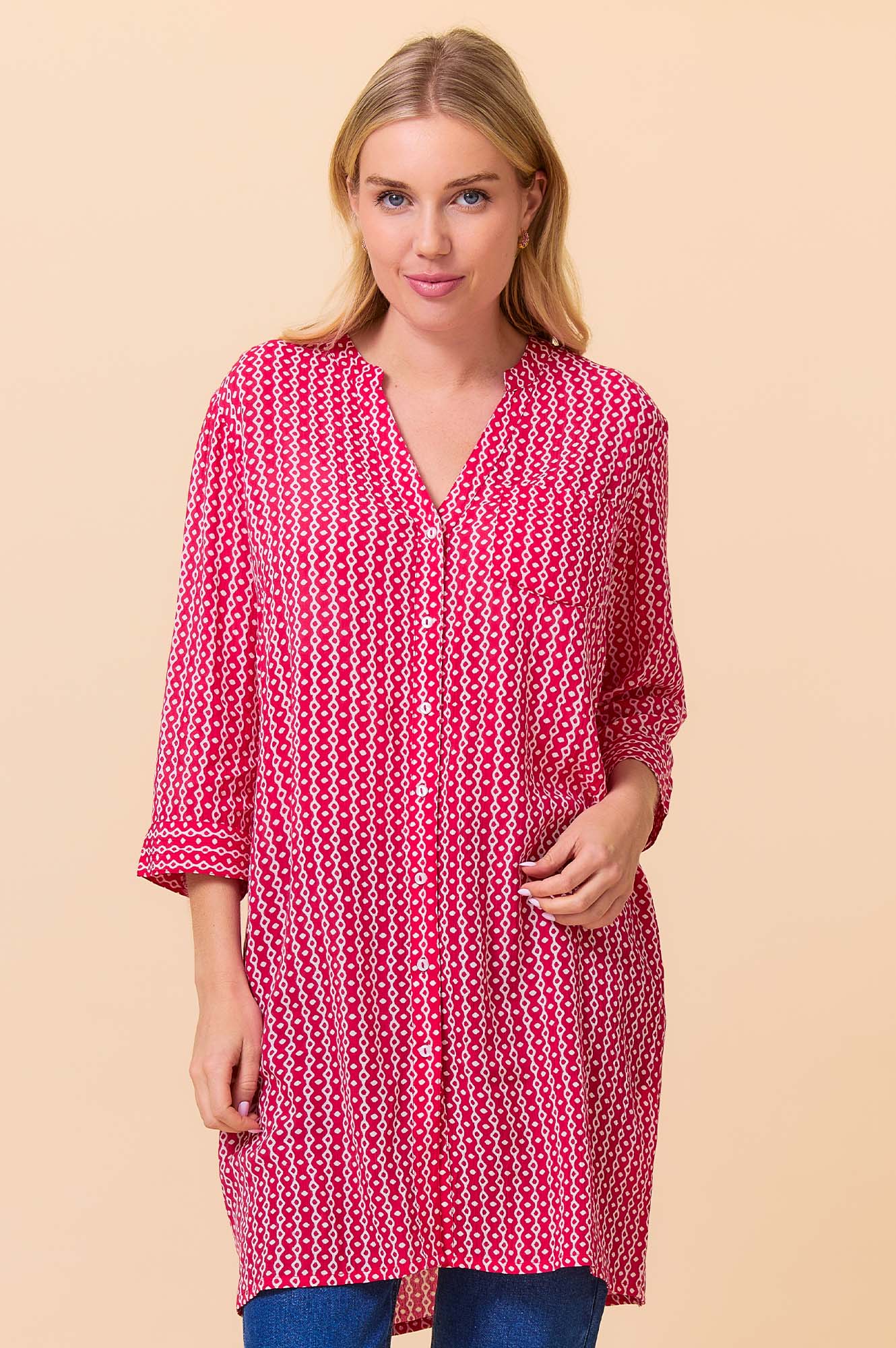 Mila Shirt Tunic for Women - Santorini Red & White Floral Print Summer Blouse | Perfect for Beach Vacations, Date Nights & Office Wear
