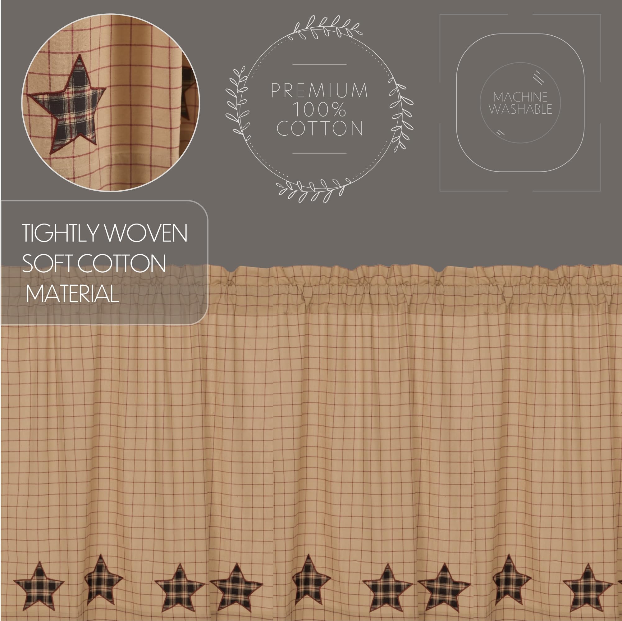 VHC Brands Bingham Star Applique Star 9385 Tier Set - 36x36 Inch Elegant Home Decor for Bedroom, Living Room & Dining Room