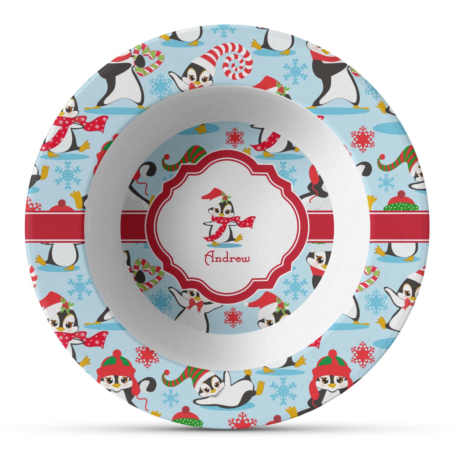 Personalized Christmas Penguins Plastic Bowl - Microwave Safe & Durable Composite Polymer - Perfect for Holiday Parties, Gift Giving & Festive Dining