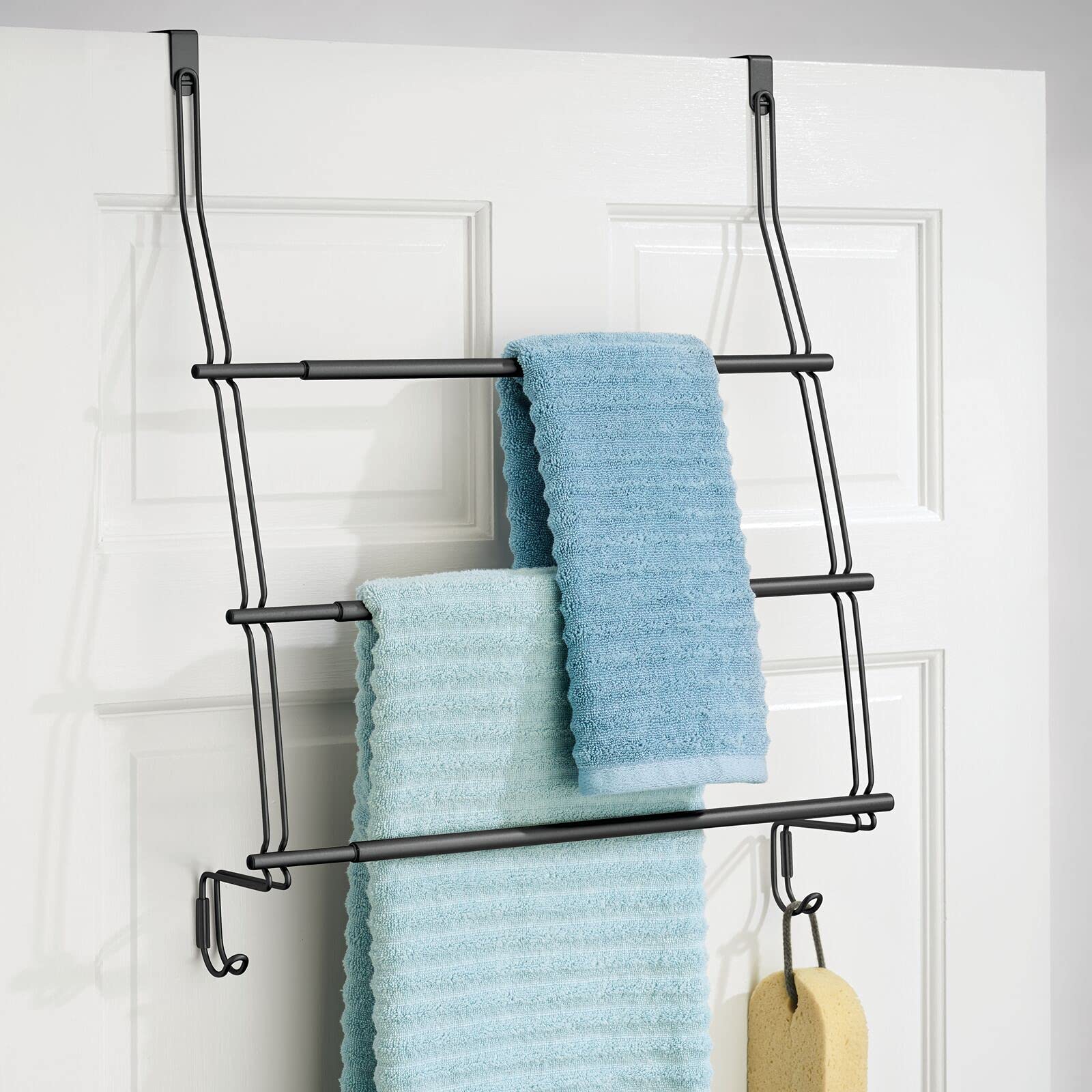 mDesign Expandable 3-Tier Metal Shower Door Towel Rack with 2 Large Hooks - Bathroom Organizer for Hand Towels, Bath Towels, Washcloths, Loofahs & Sponges - Trinity Collection in Matte Black - Perfect for Small Bathrooms, Showers & Space-Saving Storage