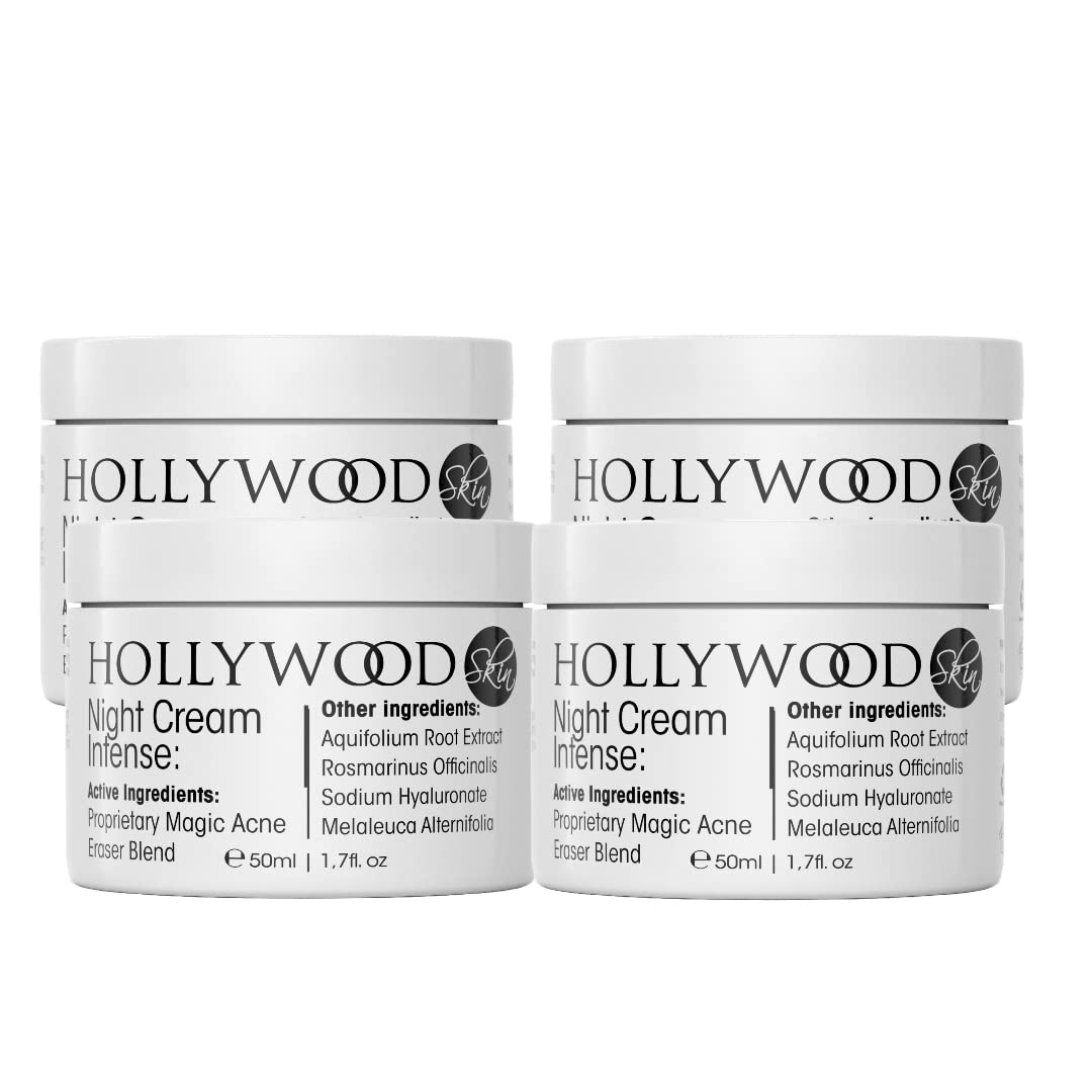 hollywoodskin INTENSE Acne Cream with 2% Salicylic Acid - Overnight Acne Treatment, 400% Stronger Than Regular Acne Creams - 50ml (4 Pack) for Clear Skin - Perfect for Nighttime Use on Face, Back & Body Breakouts