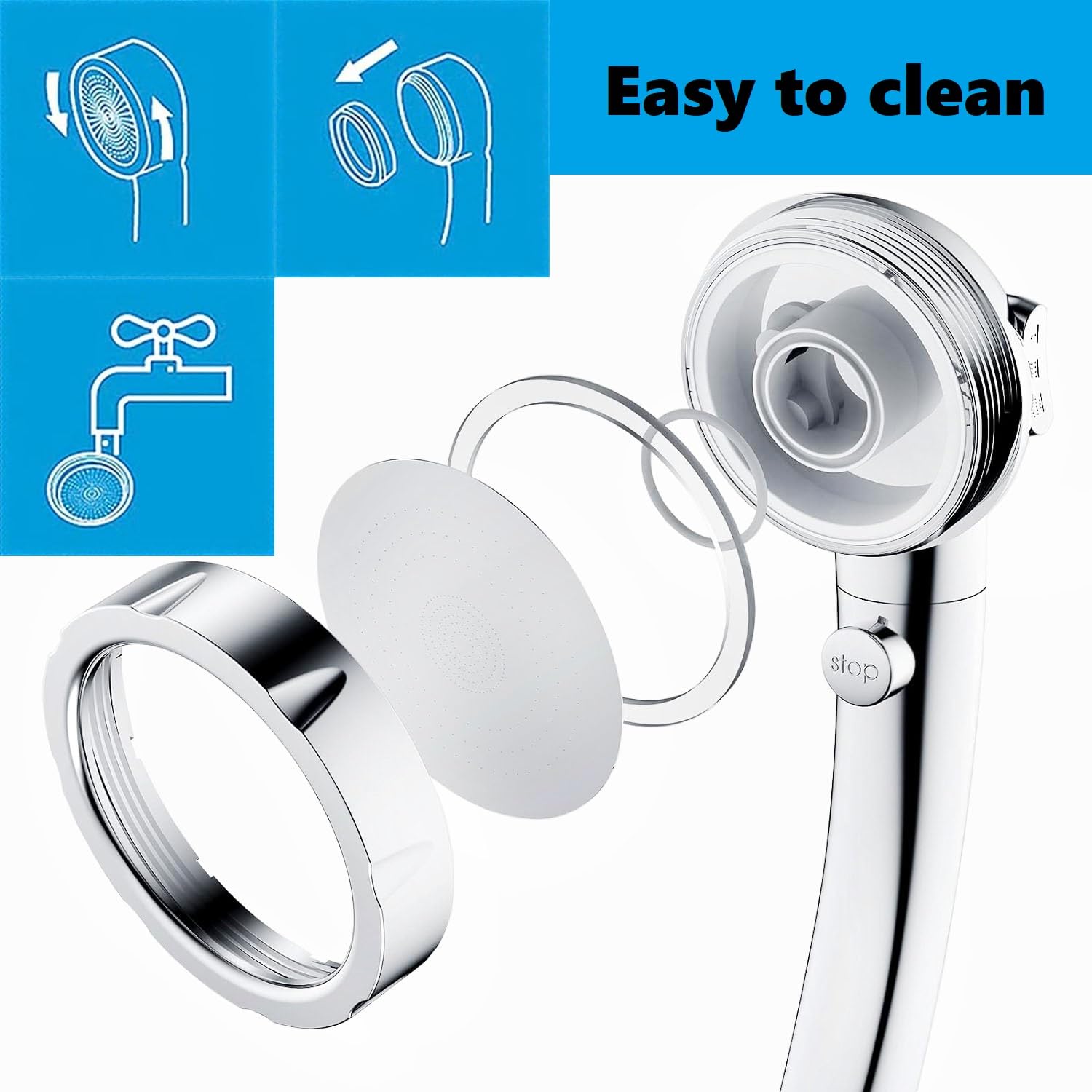 High Pressure Handheld Shower Head with ON/OFF Pause Switch - 3 Adjustable Spray Settings, G1/2 (0.8 inches) Interface - Perfect for Bathing Pets, Washing Hair & Rinsing Hard-to-Reach Areas