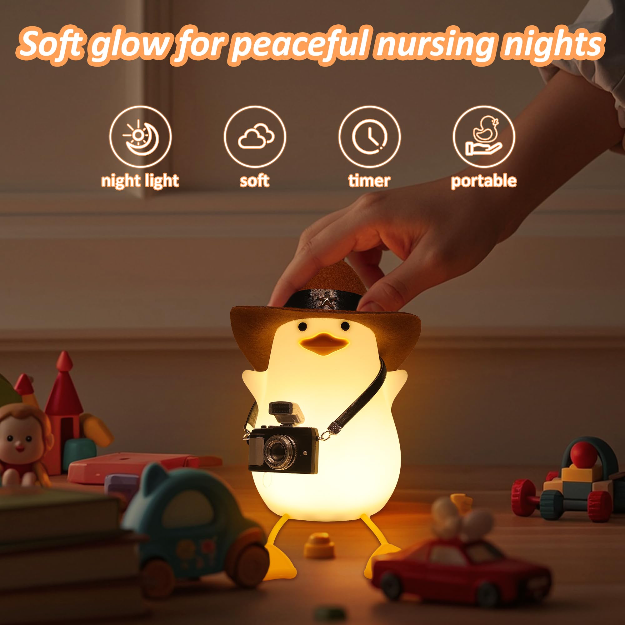 Cute Benson Duck Night Light for Kids - Squishy Touch Silicone Animal Nursery Lamp with Dimmer & USB Rechargeable - Perfect Bedside Light for Boys, Girls, Teens & Women - Ideal Birthday Gift for Duck Lovers (Cowboy Duck Design) - Great for Bedrooms, Nurseries, Dorm Rooms and Relaxation Spaces