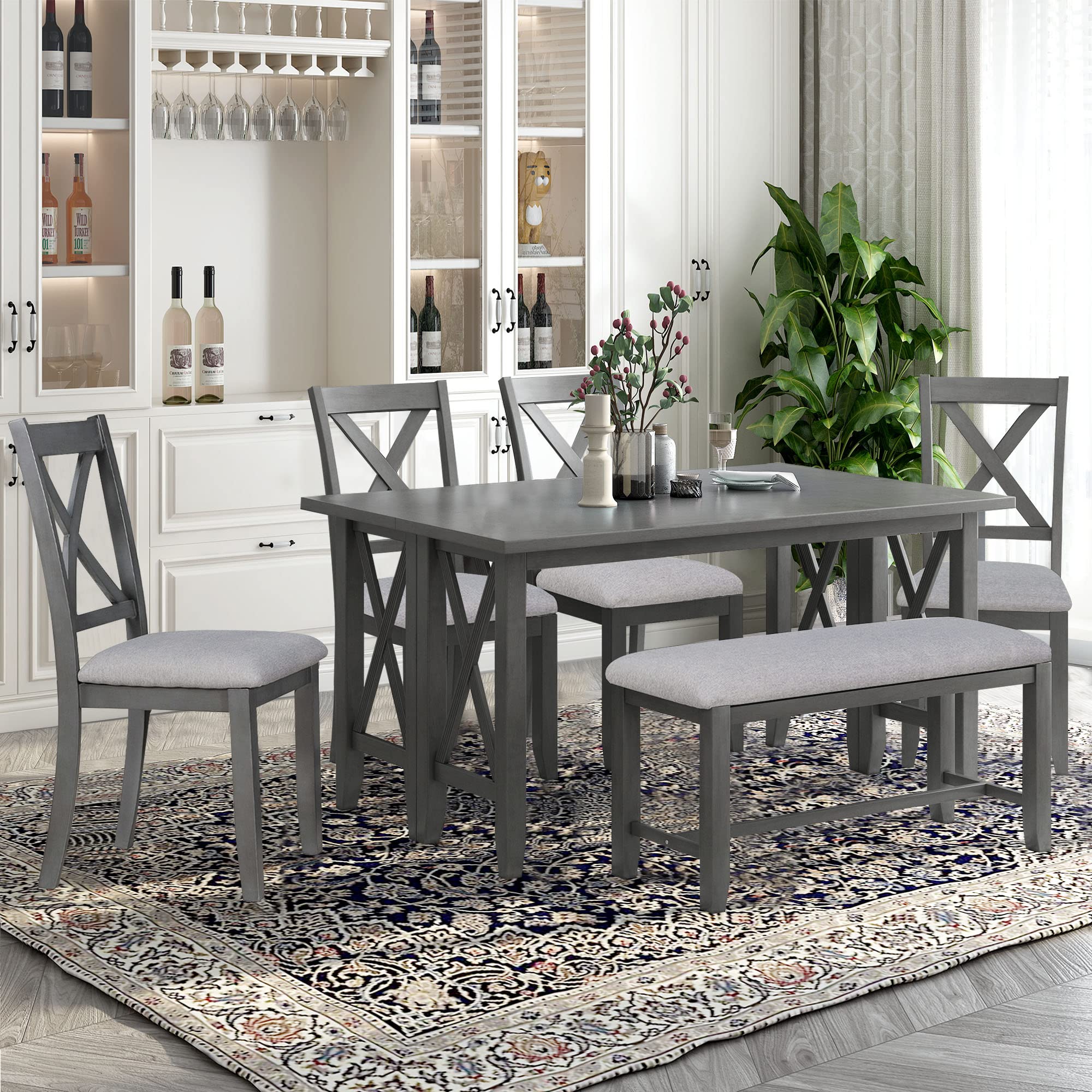 Merax 6-Piece Foldable Solid Wood Dining Set with 4 X-Back Upholstered Chairs and Bench, Grey - Perfect for Kitchen, Dining Room, and Small Spaces