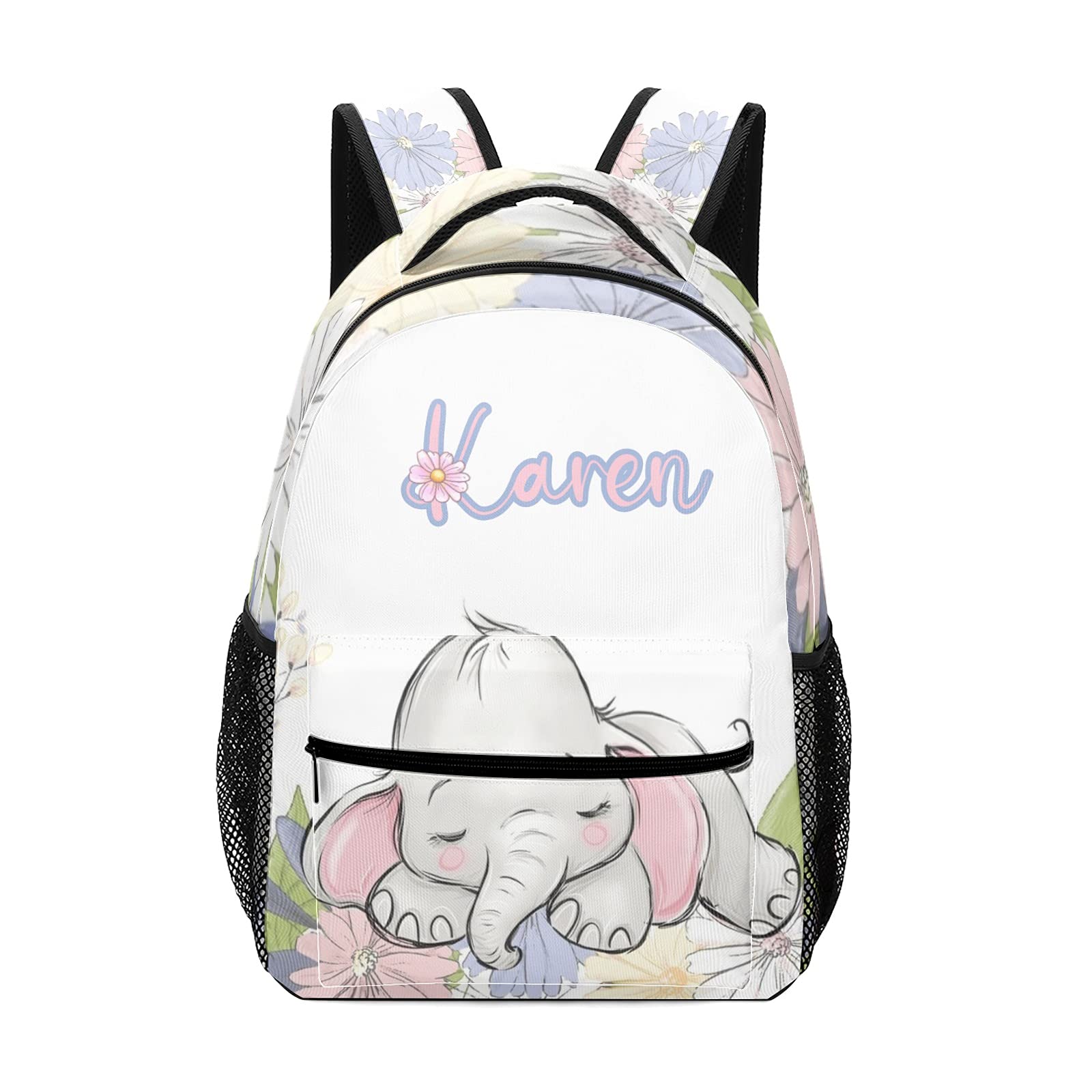 Personalized Floral Elephant School Backpack - Waterproof Kids Backpack with Name Tag - Perfect for School, Travel & Daily Use