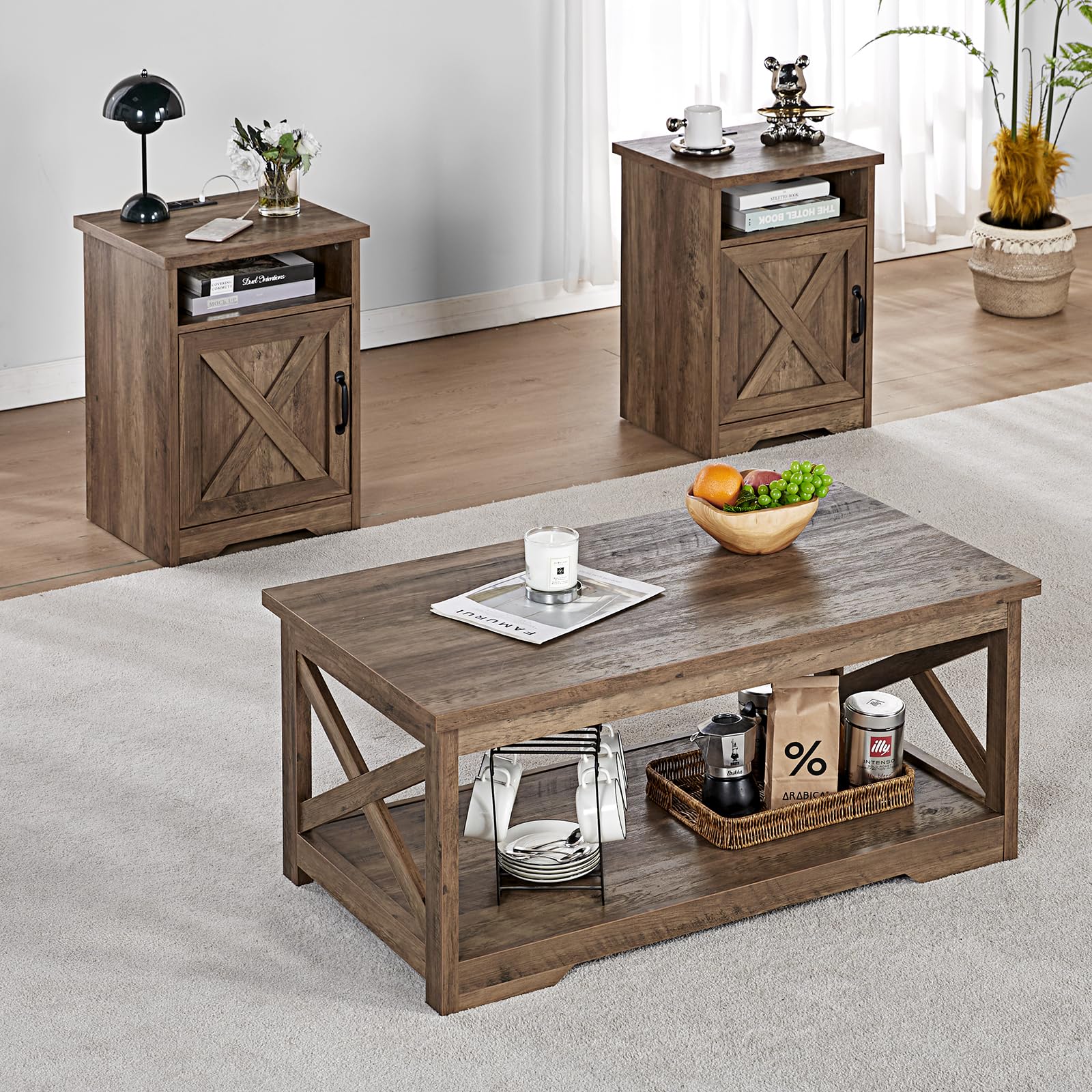 AMERLIFE 5-Piece Farmhouse Table Set with Fireplace TV Stand, Coffee Table & 2 End Tables - USB Charging Station, Rustic Barnwood Design for Living Room, Family Gatherings & Cozy Home Decor