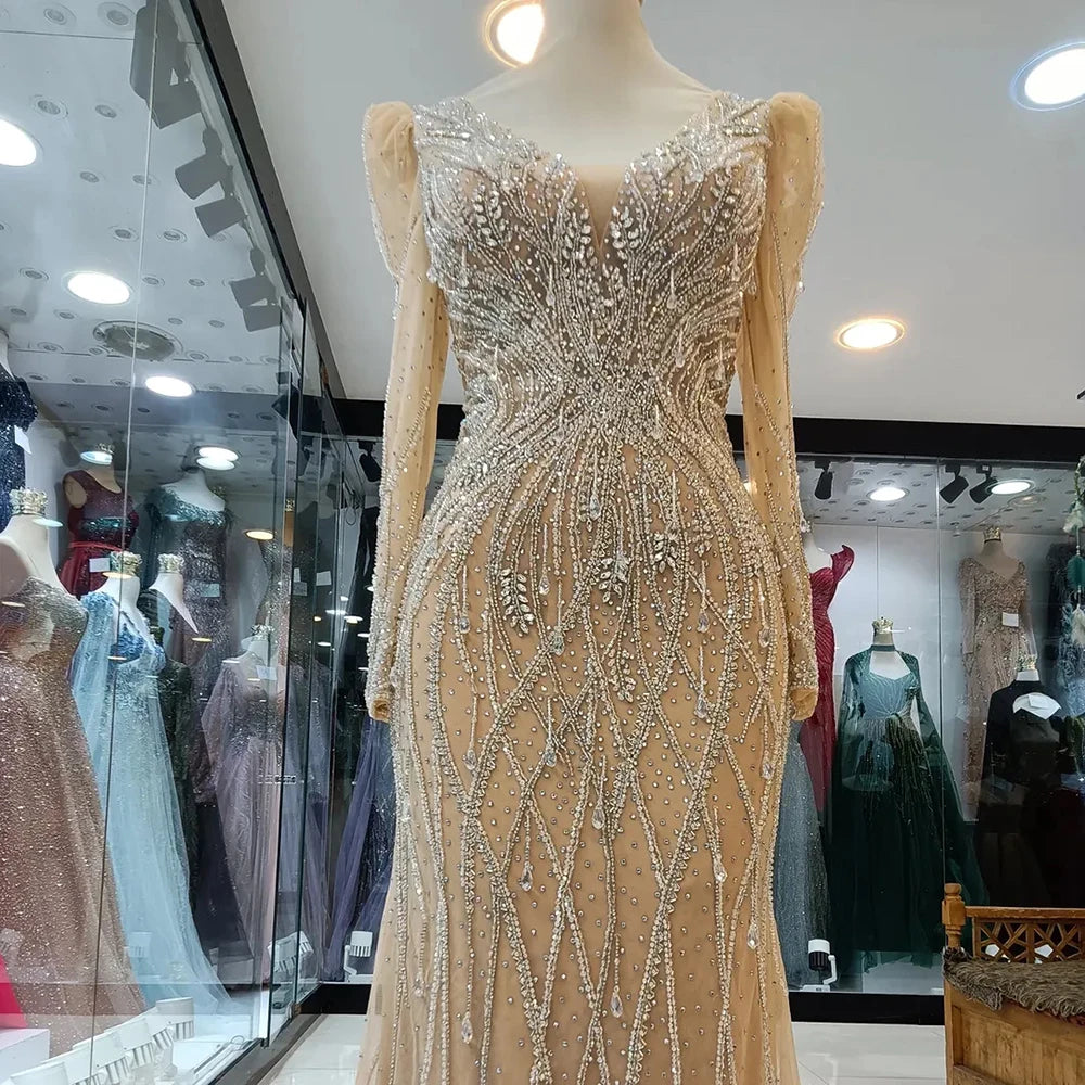 Elegant Dubai Mermaid Evening Gown with Nude Beaded Details - Formal Dress for Weddings, Galas & Special Occasions - Arabic Style LA72827